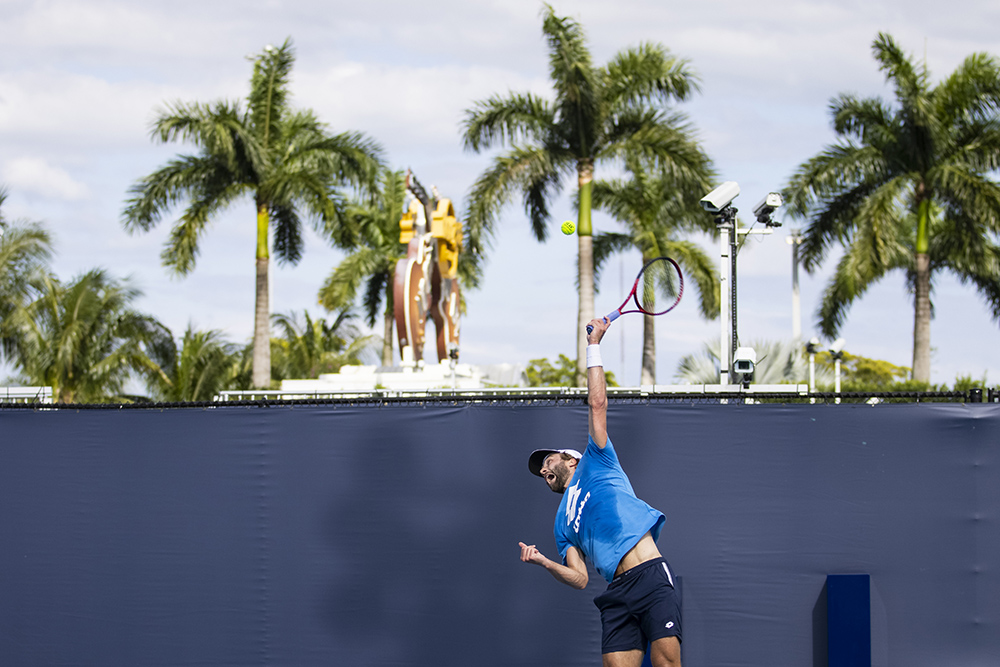 player leaps near top of the fence around The Courts and palm trees.
