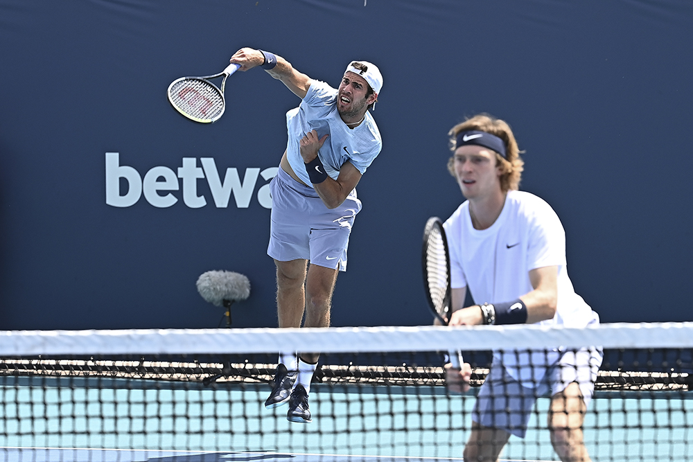 image: Karen Khachanov of Russia and Andrey Rublev of Russia in doubles action