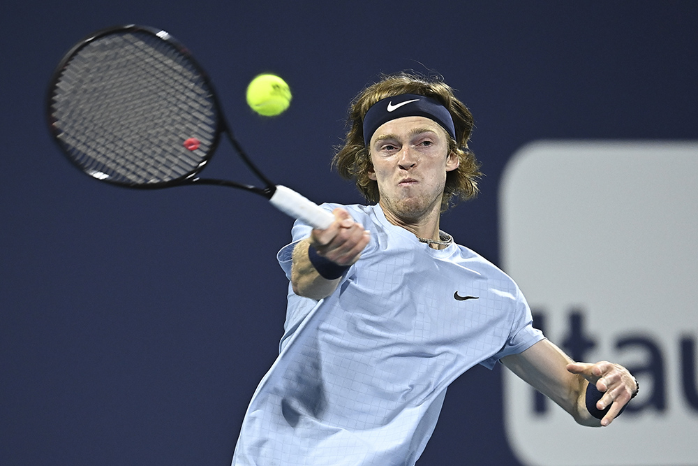 Andrey Rublev of Russia competes at the Miami Open
