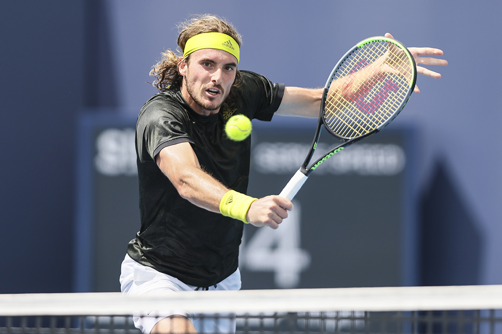 Stefanos Tsitsipas volleying at the Miami Open