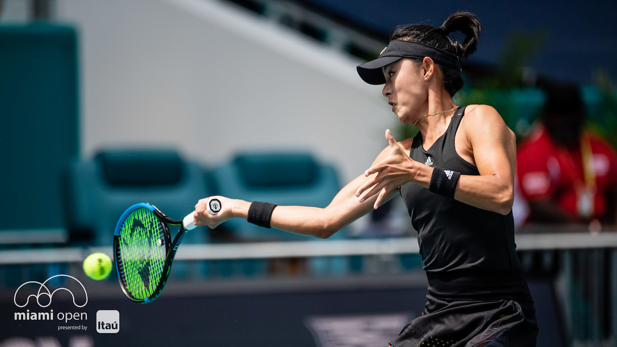 Wang Qiang competing during Miami Open