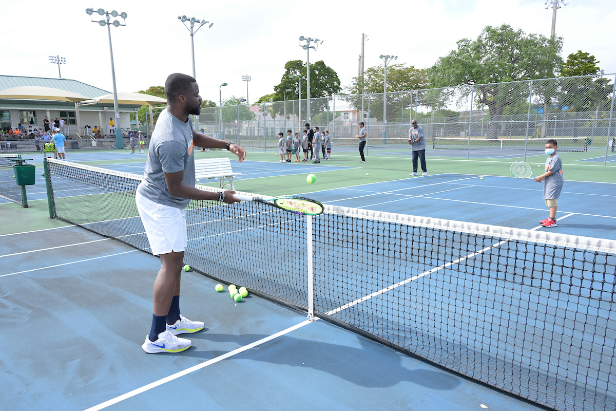 Frances Tiafoe of USA attending the Miami Open tennis clinic for kids