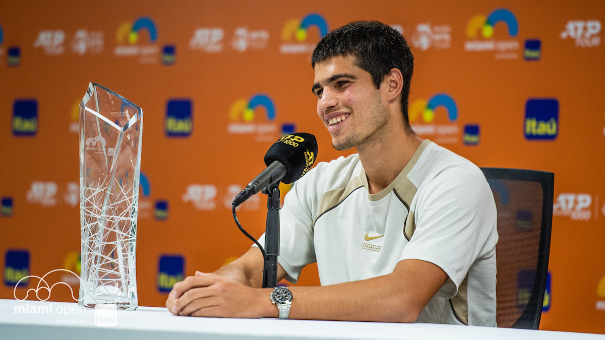 Men’s Singles Champion Carlos Alcarez with the trophy during a press conference at the Miami Open presented by Itaú Sunday, April 3rd, 2022 in Miami, Fla.