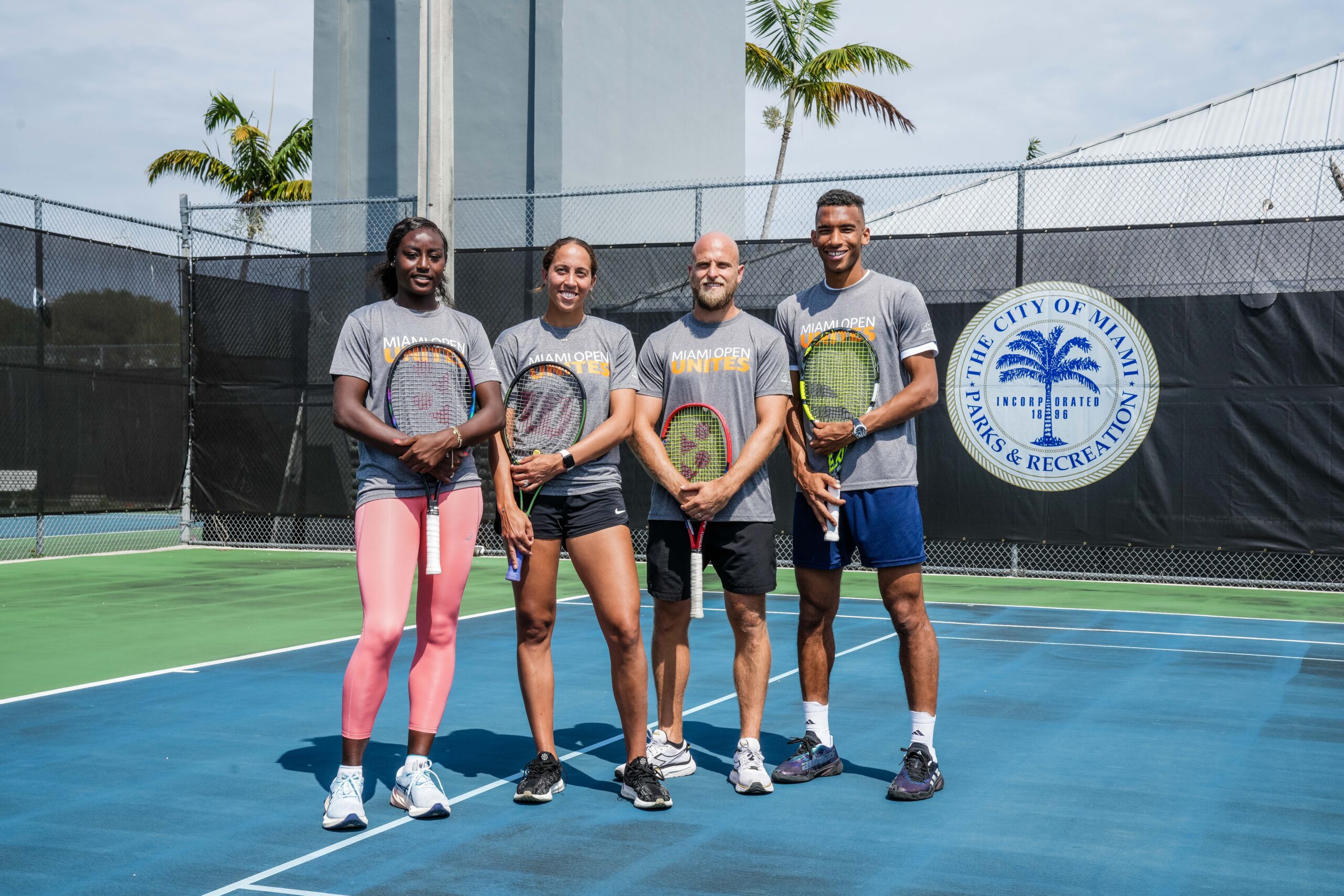 l-r: Alycia Parks, Madison Keys, Denis Kudla and Felix Auger-Aliassime at the Big Brothers, Big Sisters event at Moore Park in Miami on March 20, 2023.