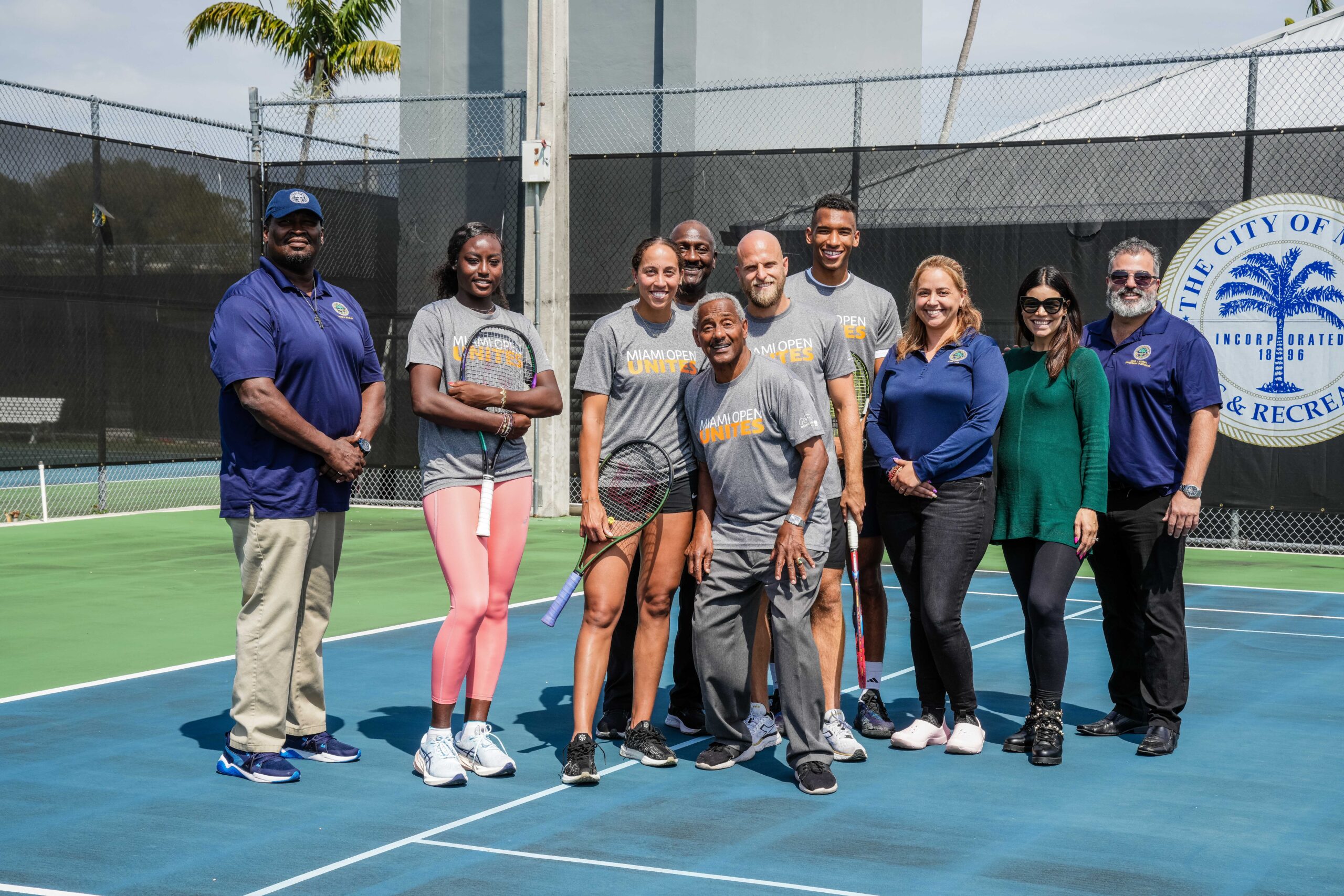 Alycia Parks, Madison Keys, Denis Kudla, Felix Auger-Aliassime along Miami Dade employees during the tennis clinic for children in the Big Brothers Big Sisters program, on Monday, Mar. 20, 2023, in Miami, Fla.