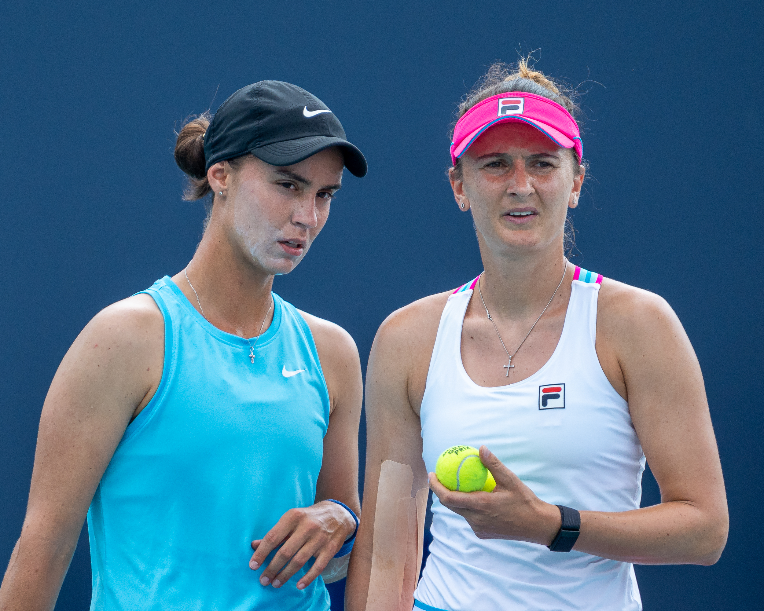 Anhelina Kalinina and Irina Camelia Begu during the 2023 Miami Open in Miami Gardens, Florida.