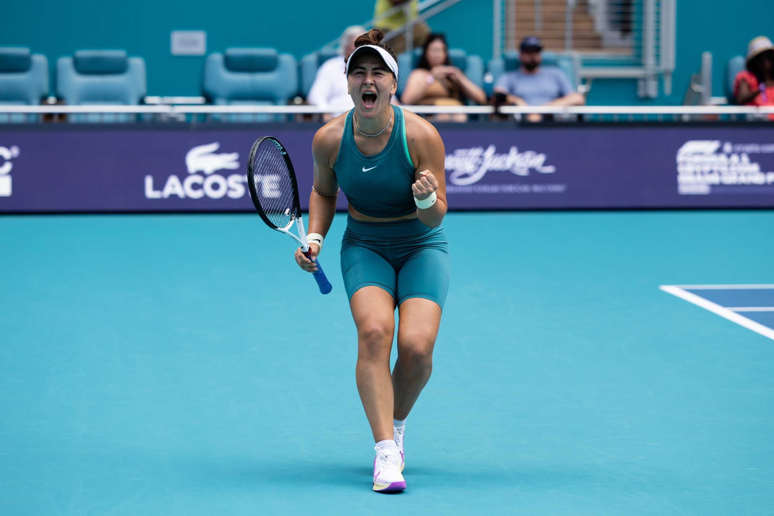 Bianca Andreescu pumped up during her match at the 2023 Miami Open on March 26.