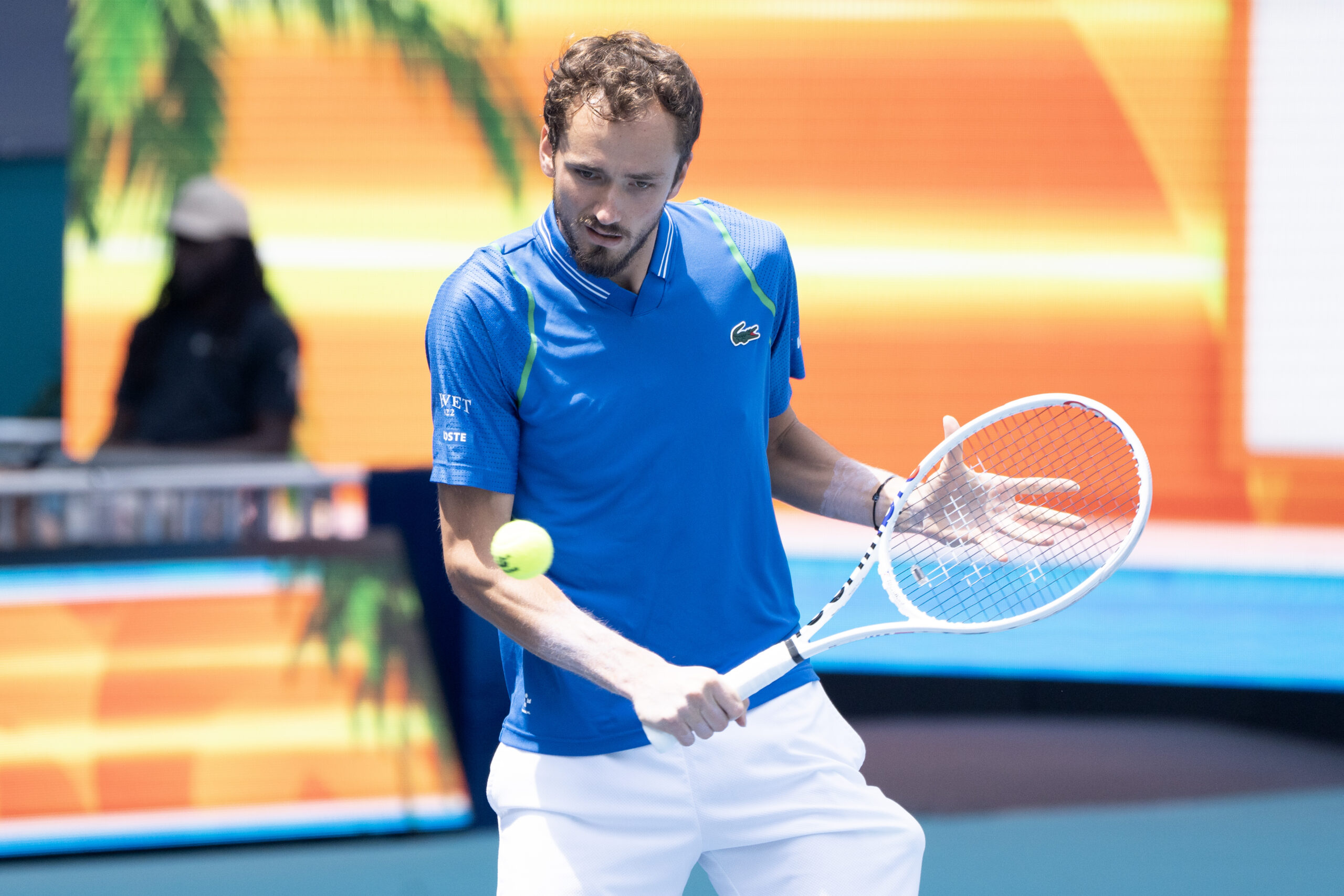 Daniil Medvedev volleys during his match with Chris Eubanks on March 30, 2023 in Miami Gardens, Florida.