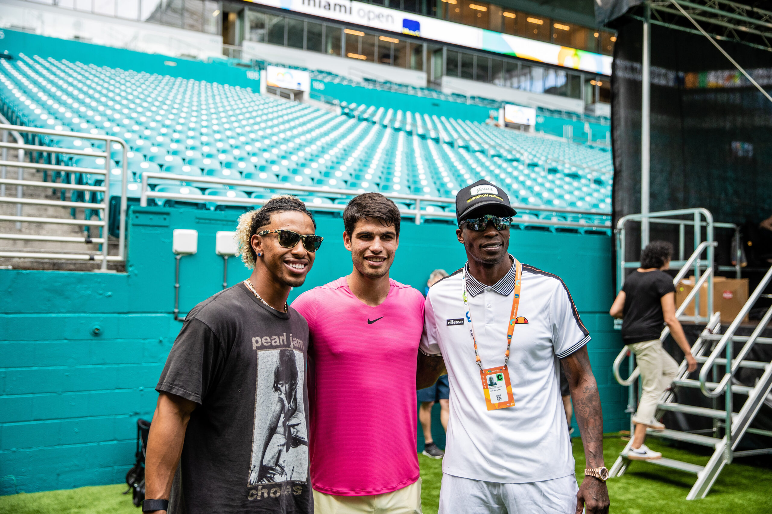 Francisco Lindor (left) with Carlos Alcaraz and Chad Ochocinco at the 2023 Miami Open at Hard Rock Stadium, Miami Gardens, Florida.