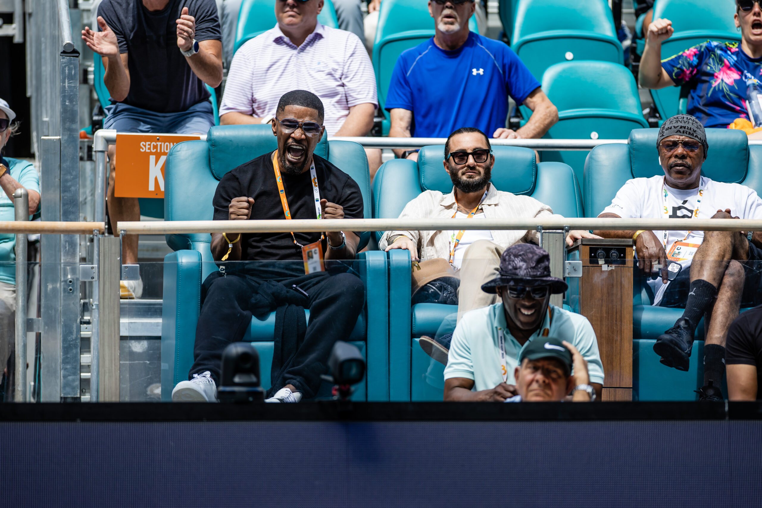 Jamie Foxx enjoying tennis at the Stadium of the 2023 Miami Open in Miami Gardens, Florida.