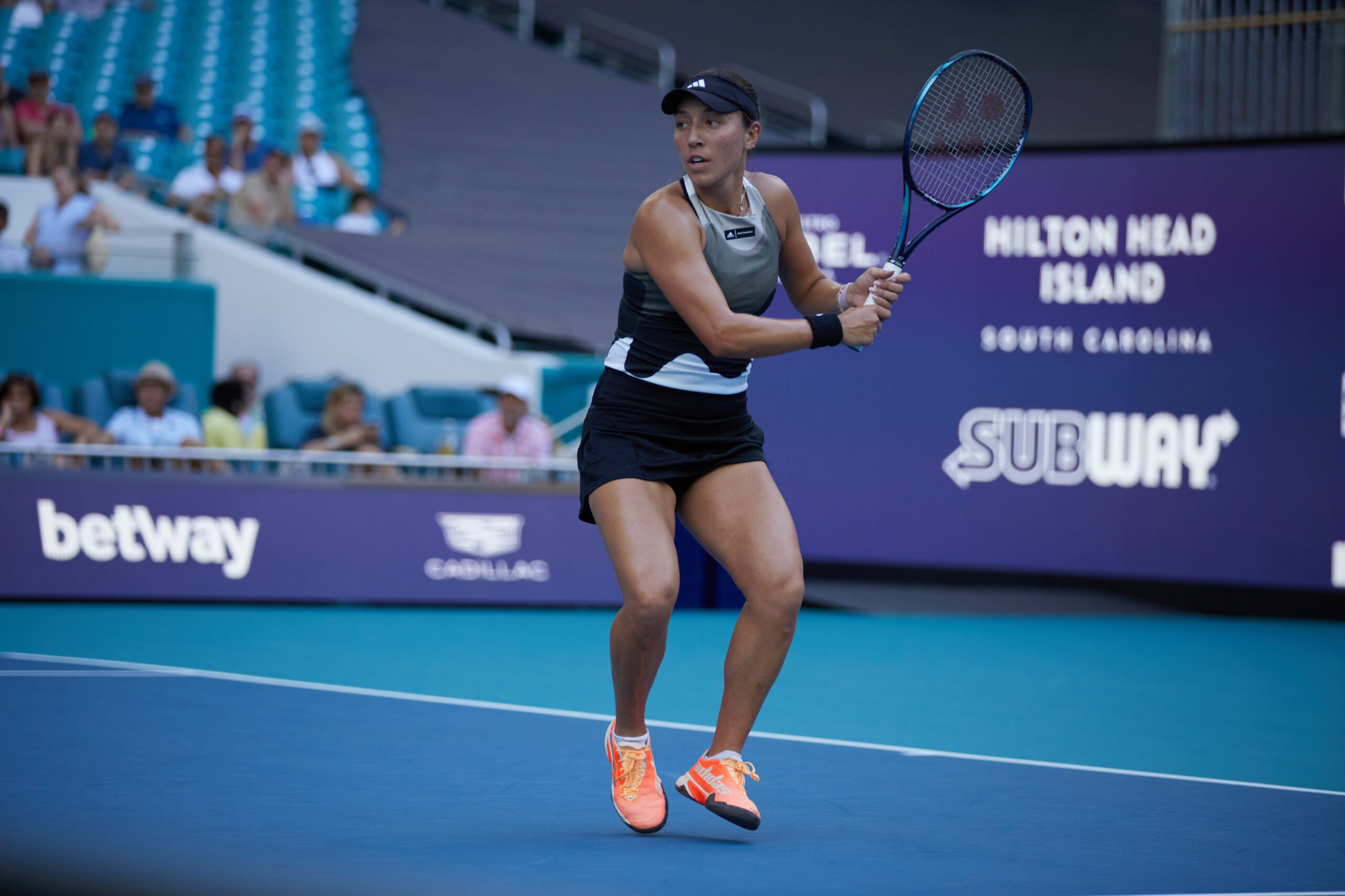 Jessica Pegula lines up for a backhand during her match against Danielle Collins at the 2023 Miami Open