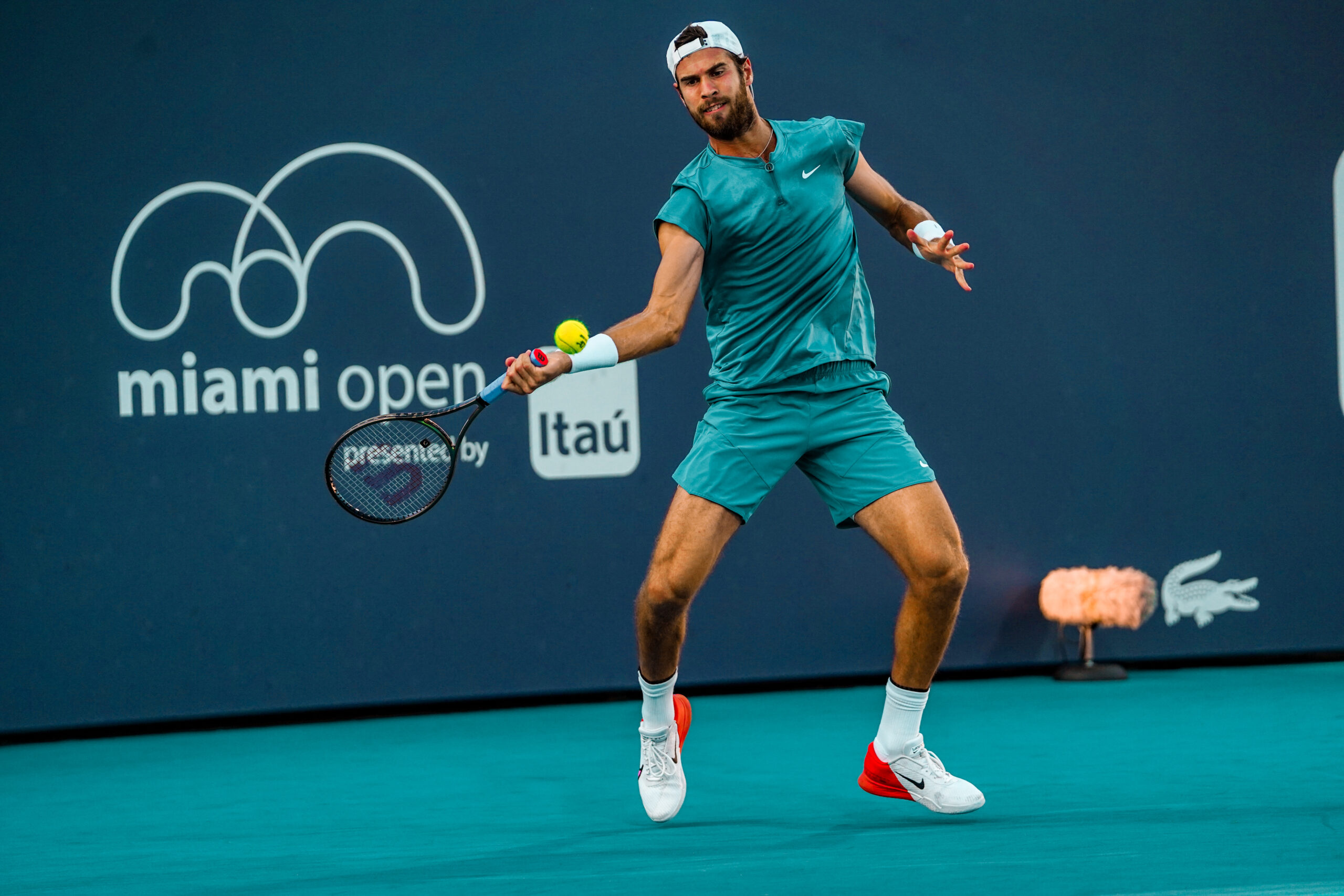 Karen Khachanov hits a forehand during his match against Tomas Etcheverry at the 2023 Miami Open.