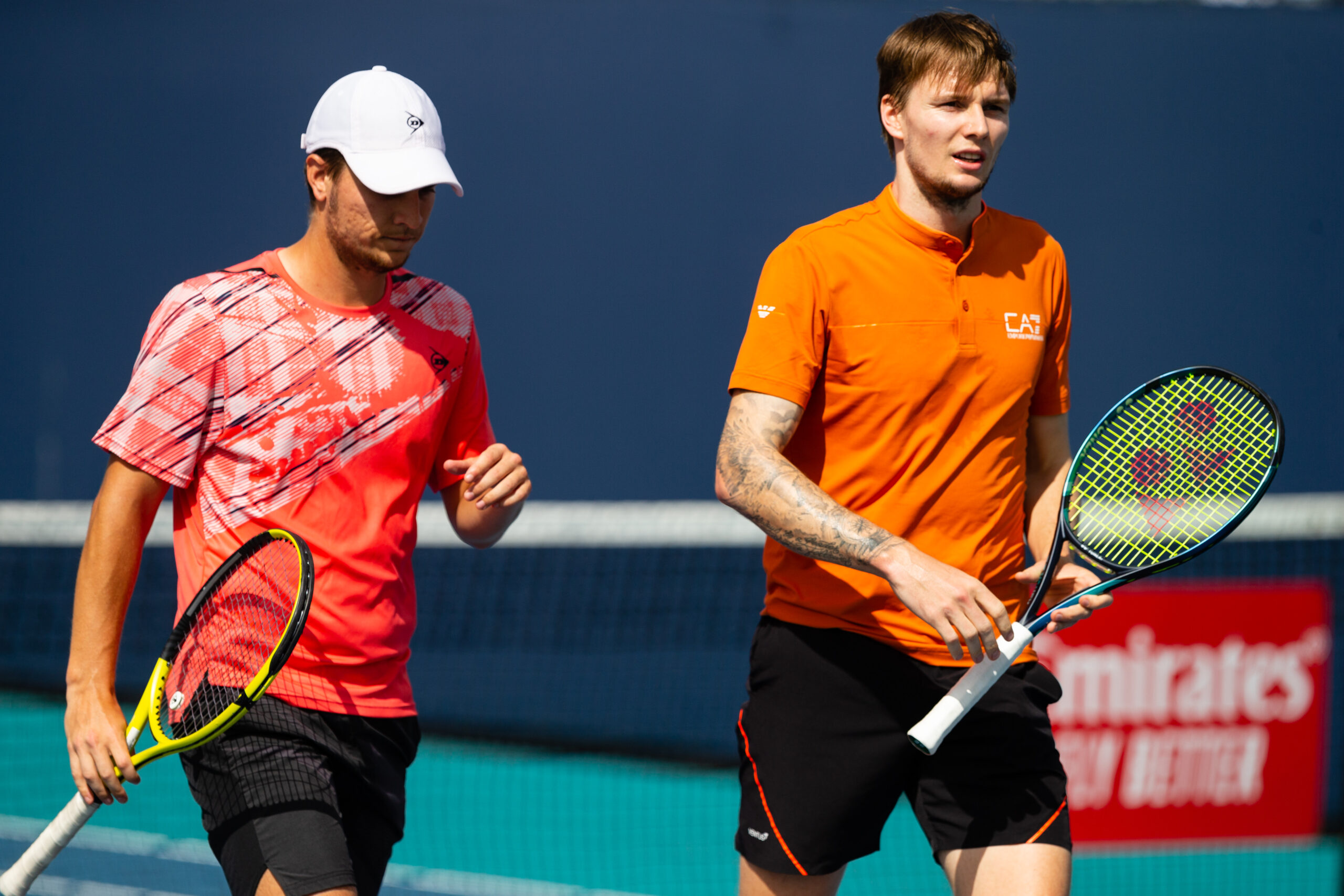 Miomir Kecmanovic and Alexander Bublik during the 2023 Miami Open in Miami Gardens, Florida.