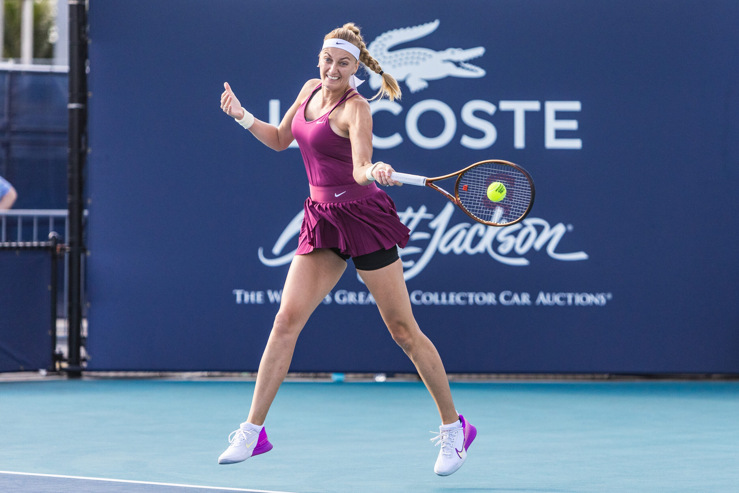 Petra Kvitova hits a forehand during the 2023 Miami Open in Miami Gardens, Florida.