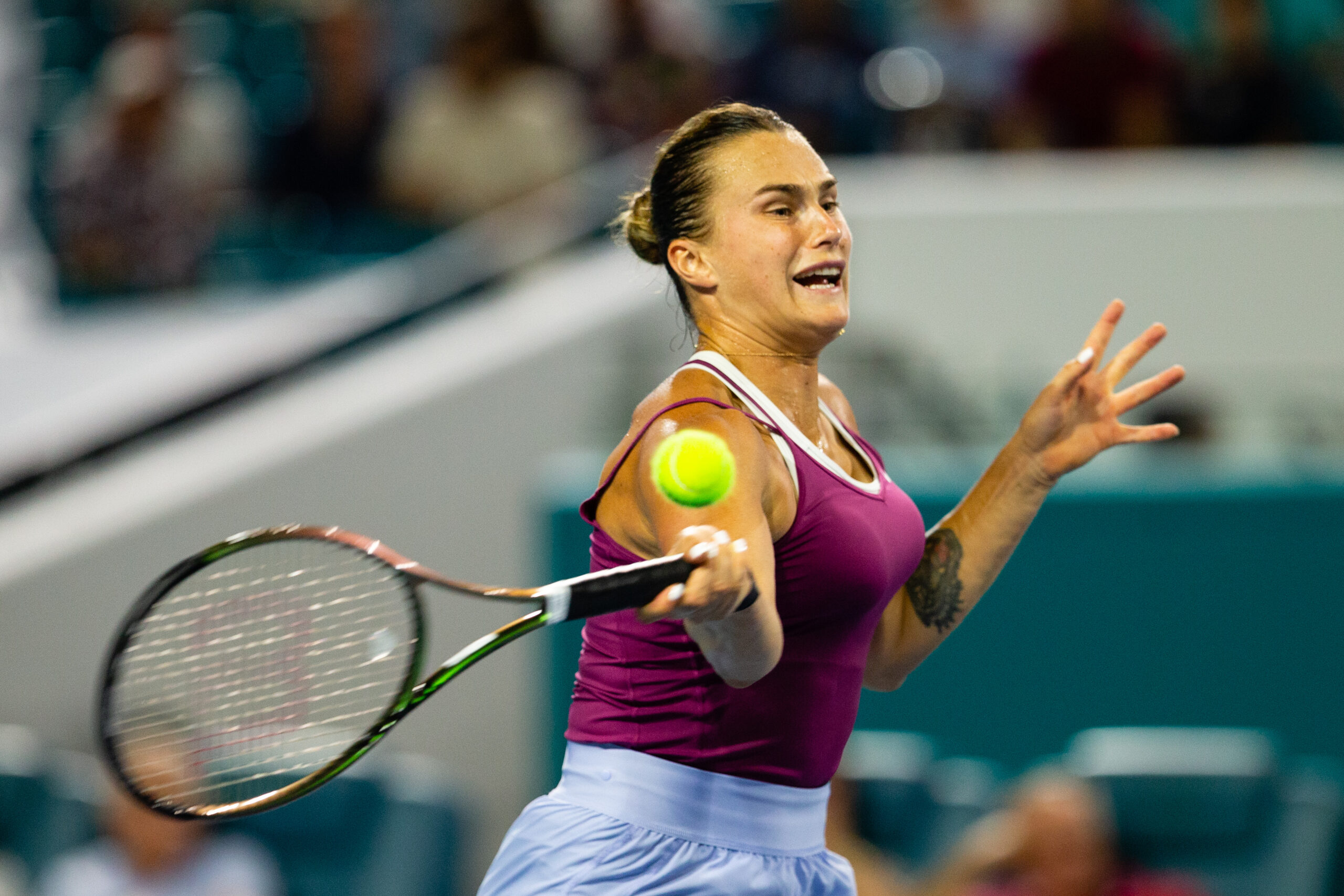 Aryna Sabalenka hits a forehand during her match with Marie Bouzkova on March 26 at the 2023 Miami Open