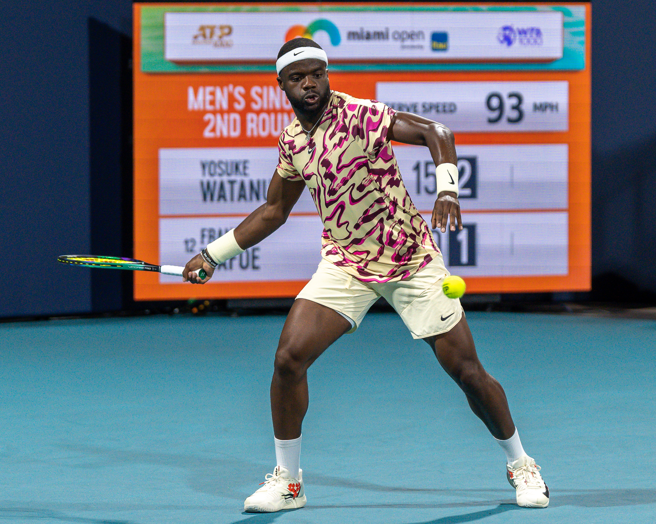 Frances Tiafoe ready for a forehand during his match against Yosuke Watanuke at the 2023 Miami Open.