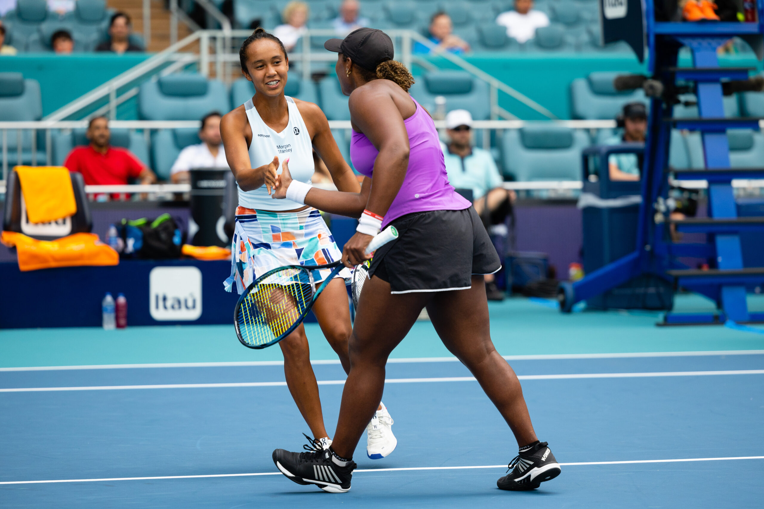 Leylah Fernandez and Taylor Townsend having a good time during the 2023 Miami Open Women's Doubles Final on April 2, 2023.