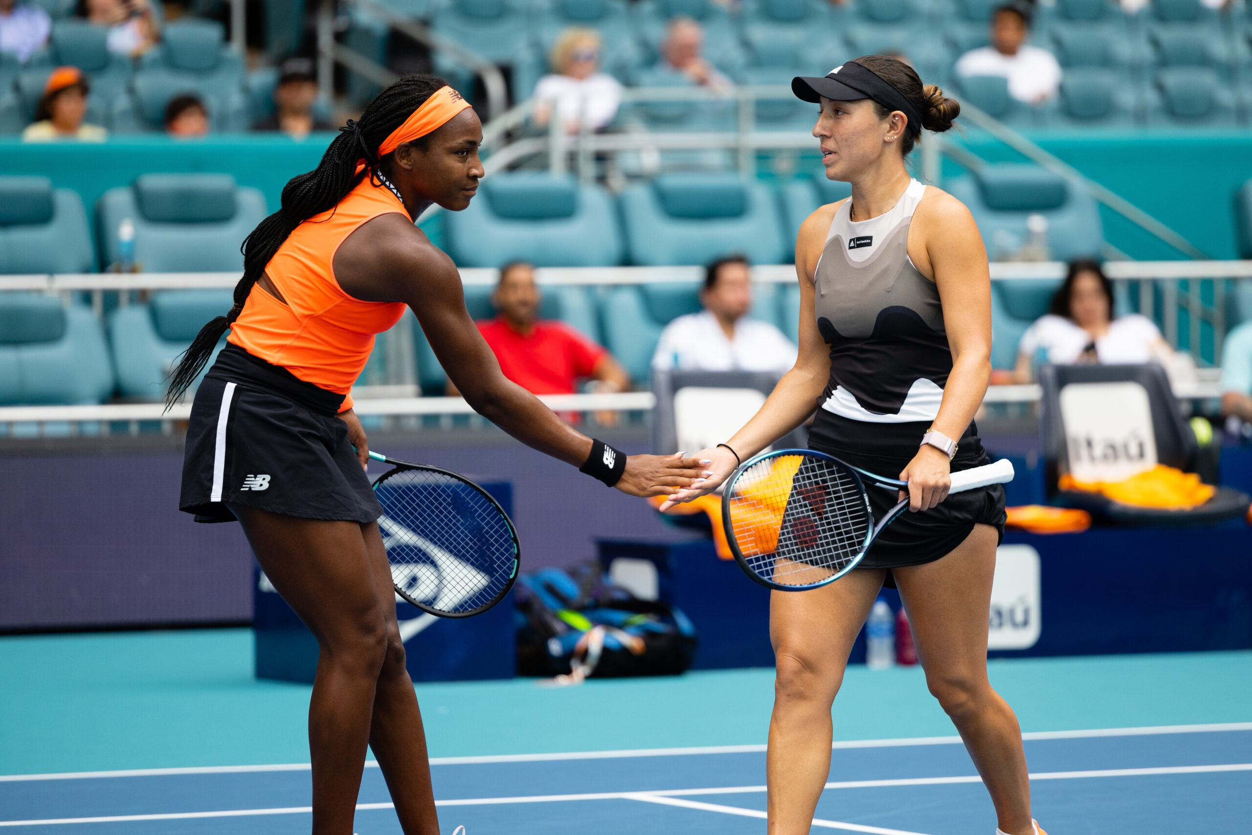 Coco Gauff and Jessica Pegula during the 2023 Miami Open Women's Doubles Final on April 2, 2023.