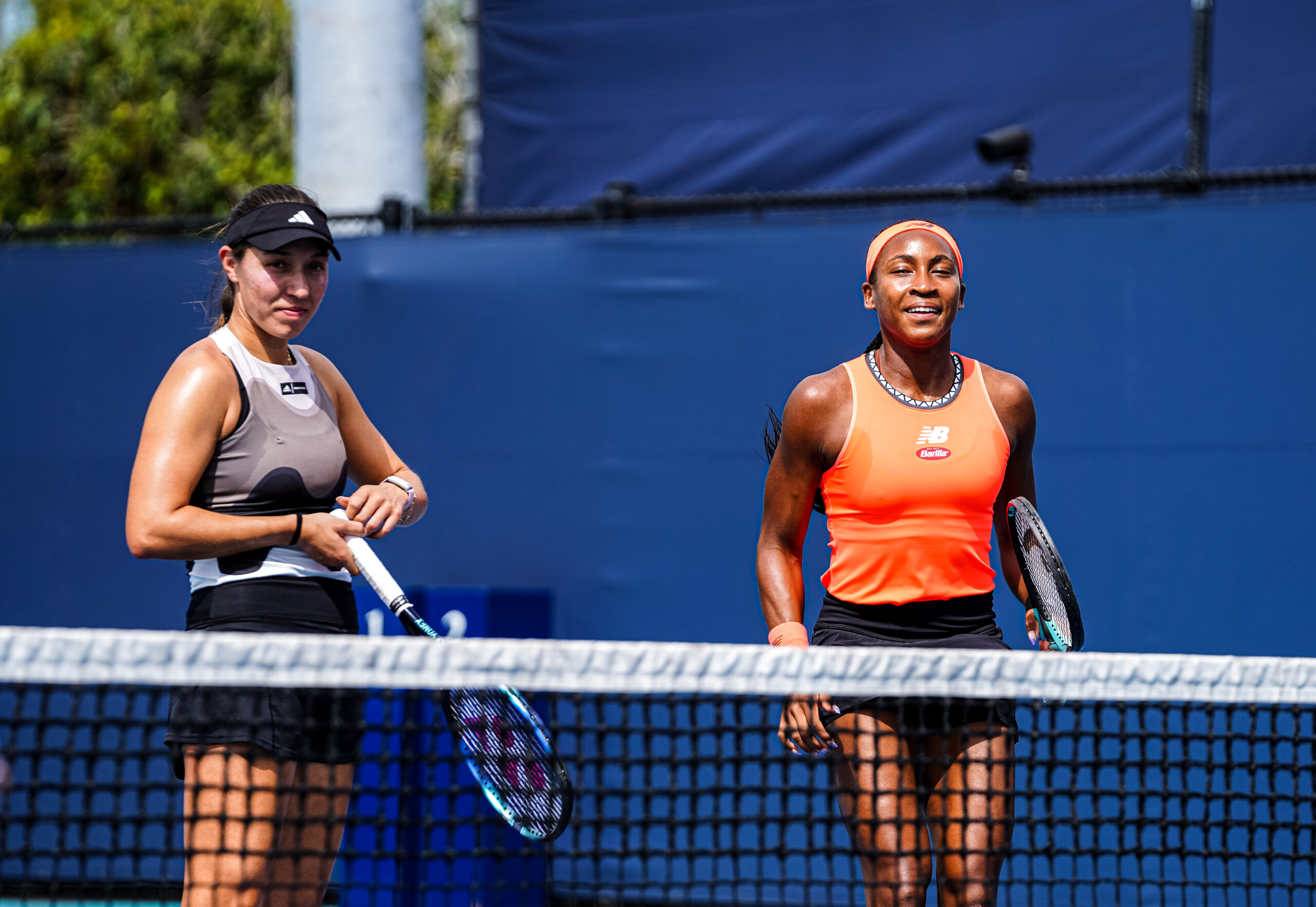 Jessica Pegula and Coco Gauff enjoying doubles at the 2023 Miami Open in Miami Gardens, Florida.