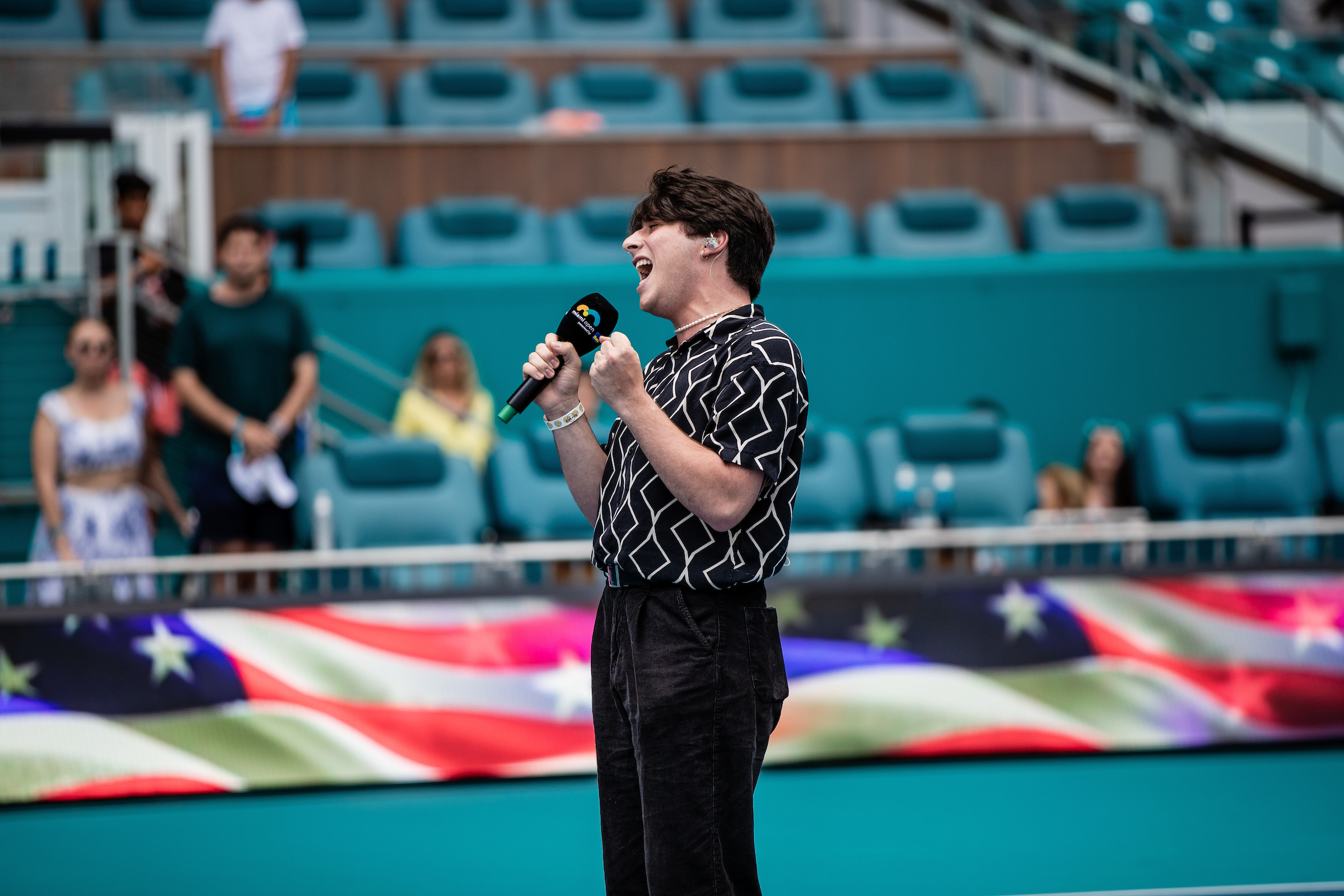 Kique sings the National Anthem prior to the 2023 Miami Open Women's Singles Championship match at Hard Rock Stadium, Miami Gardens, Florida.