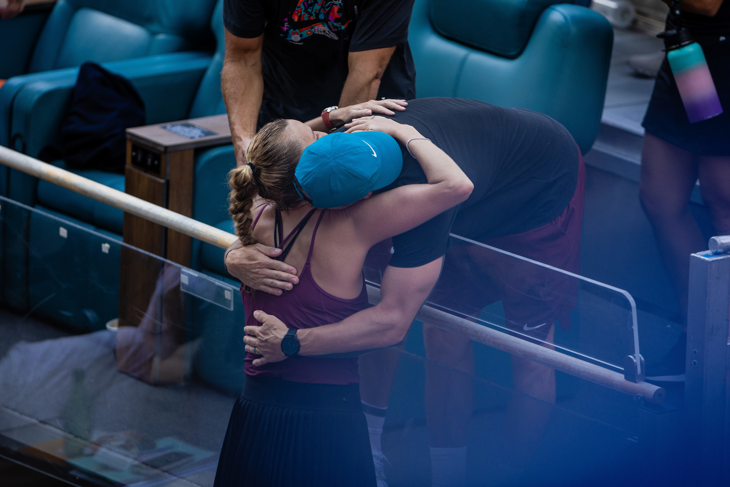 2023 Miami Open Women's Singles Champion, Petra Kvitova, hugs her coach after her match with Elena Rybakina at the Miami Open at Hard Rock Stadium in Miami Gardens, Florida.
