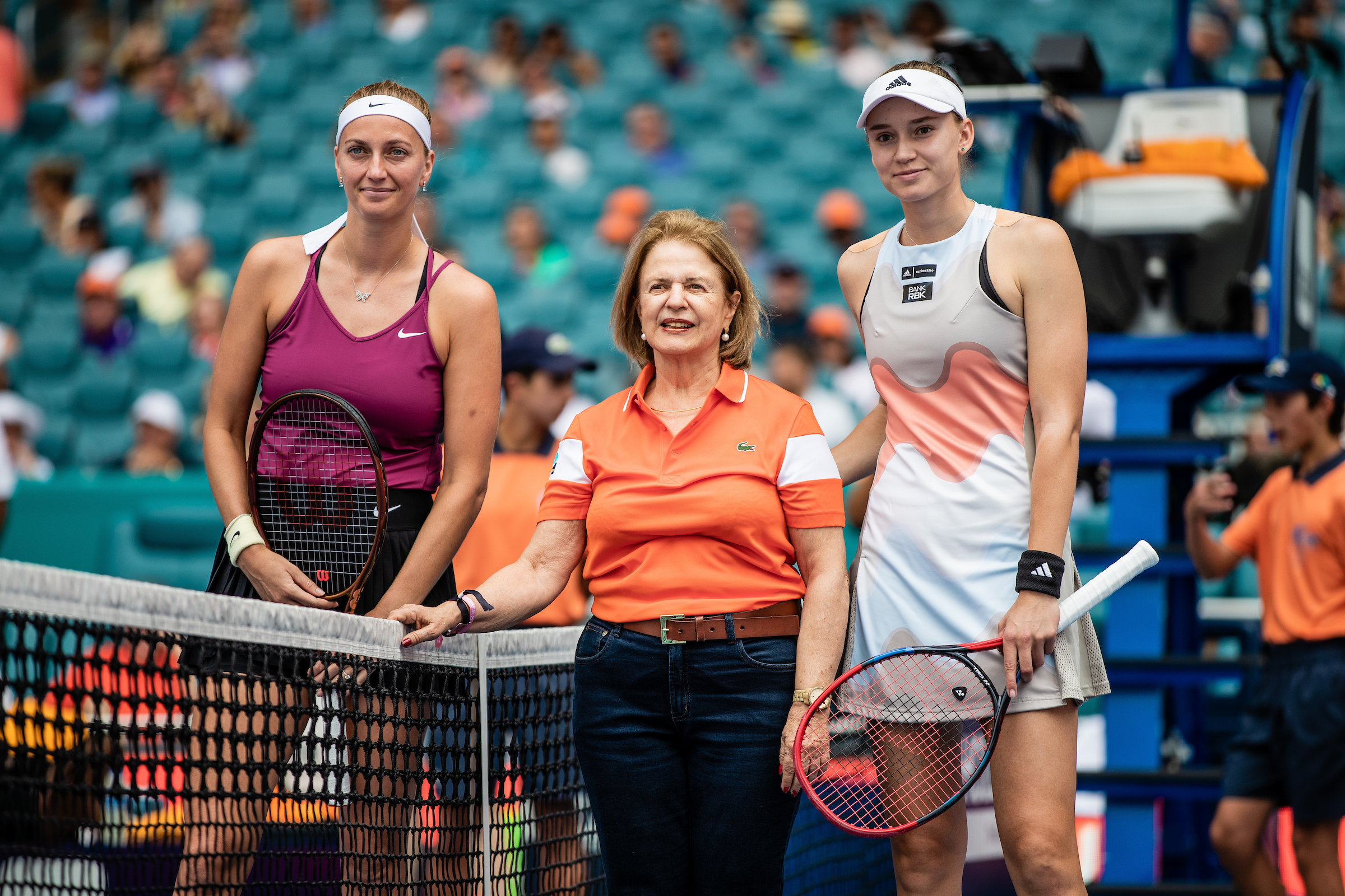 Petra Kvitova and Elena Rybakina pose for a photo prior to their match at the 2023 Miami Open in Miami Gardens, Florida.