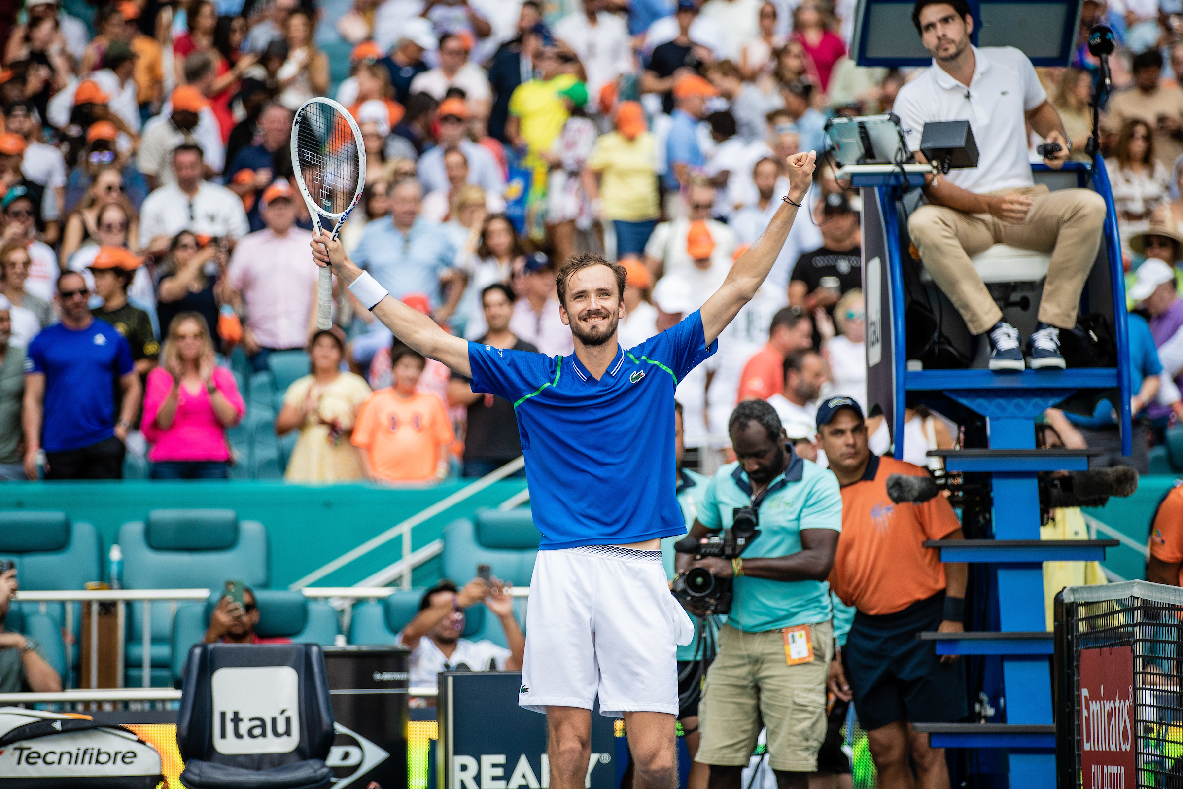 Daniil Medvedev celebrates after winning the Men’s Singles Final match of the Miami Open tennis tournament, Sunday, April 2, 2023, in Miami Gardens, Fla. (Tomas Diniz Santos/South Florida Stadium)