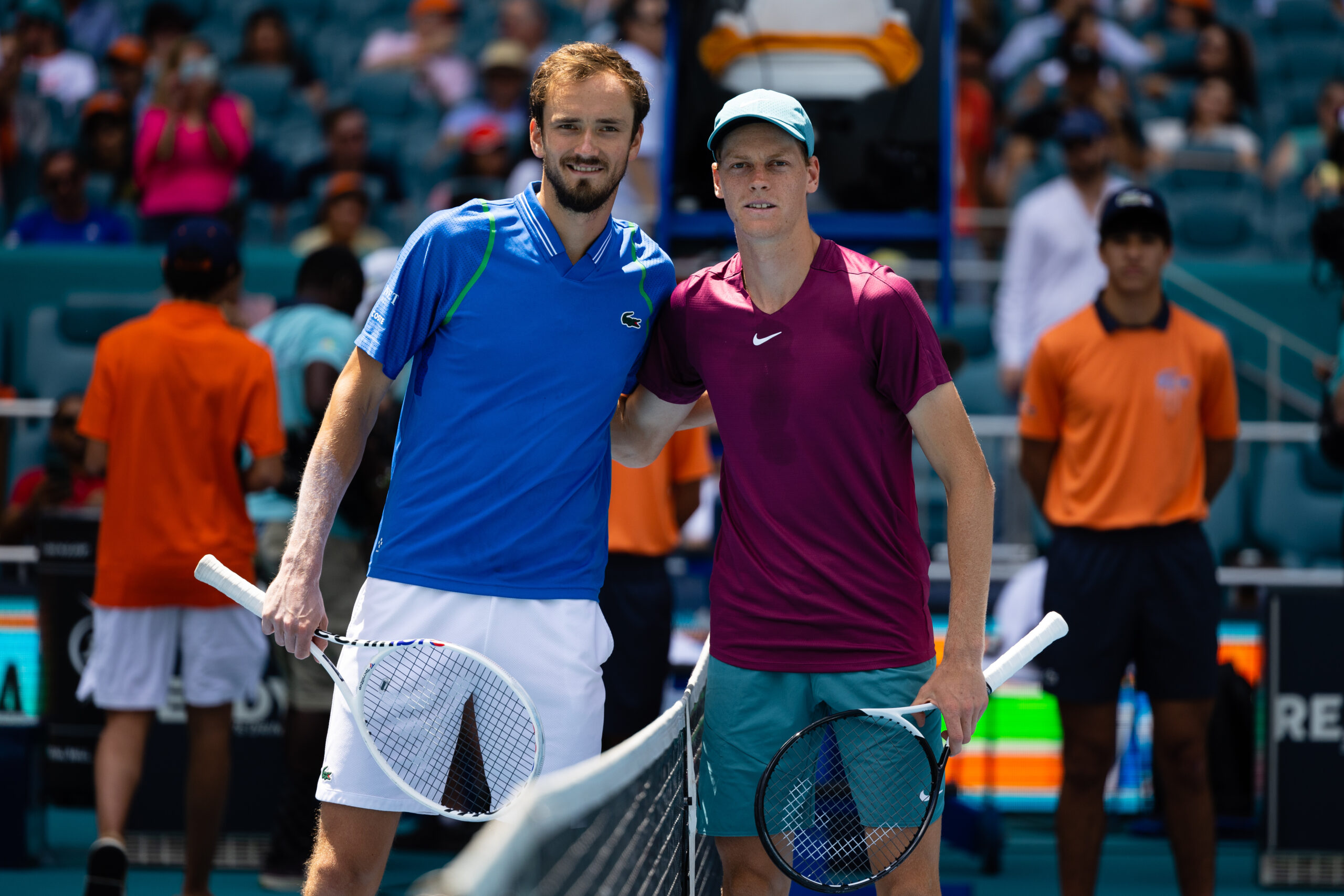 Daniil Medvedev and Jannik Sinner pose for a photo before the 2023 Miami Open Men's Singles Final at Hard Rock Stadium, April 2, 2023.