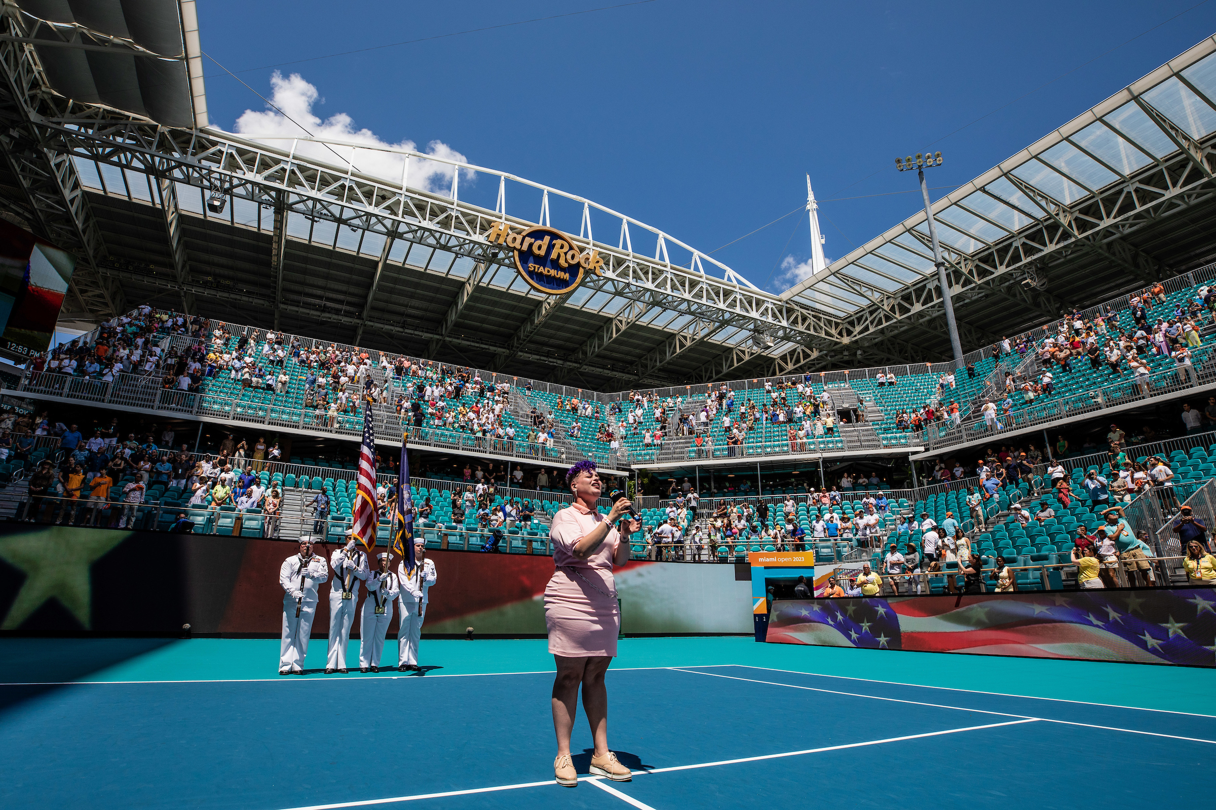 National Anthem and Color guard before Men’s Singles Final match of the Miami Open tennis tournament, Sunday, April 2, 2023, in Miami Gardens, Fla. (South Florida Stadium)