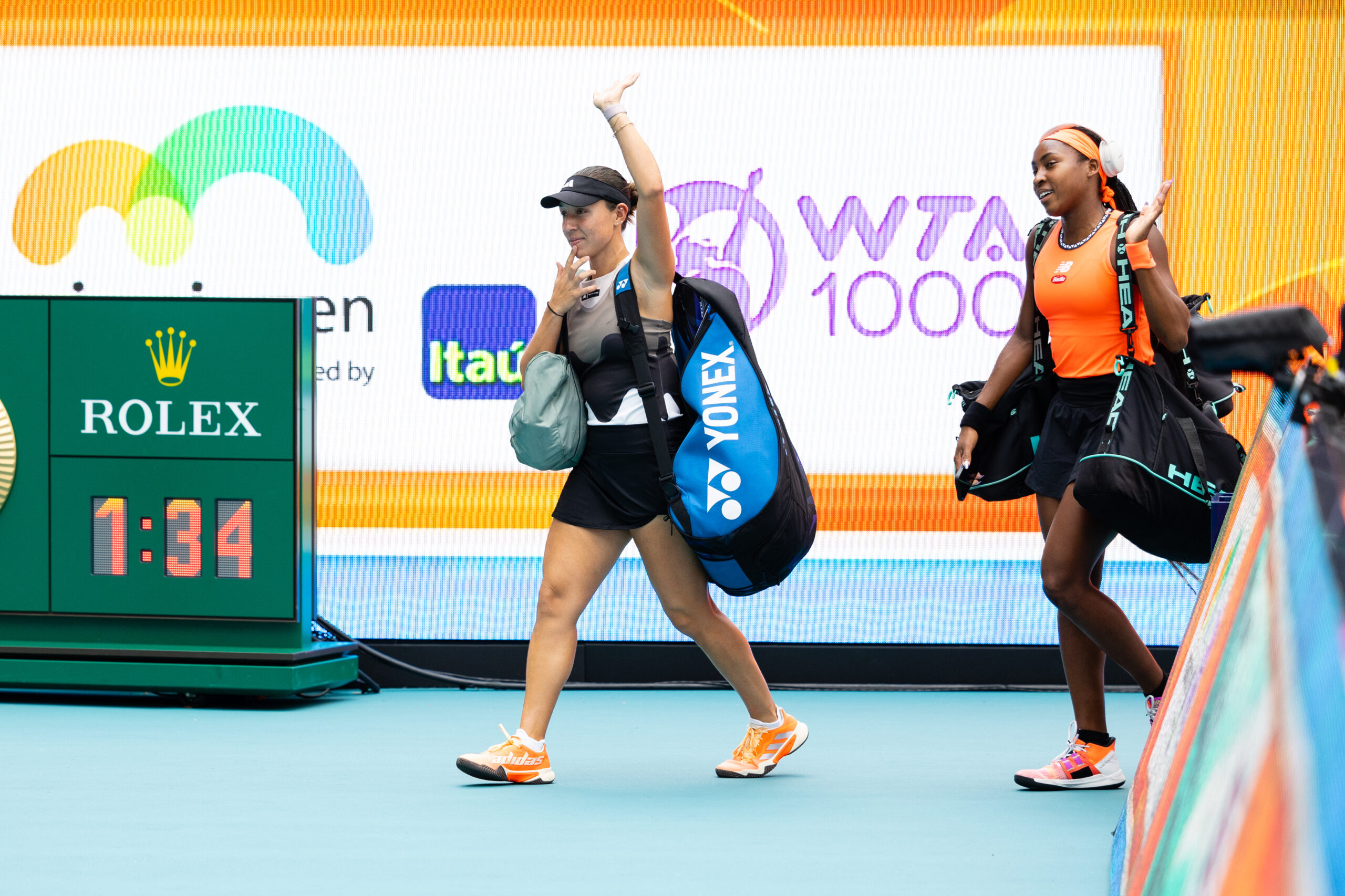 Jessica Pegula and Coco Gauff entering the stadium at Hard Rock Stadium for the 2023 Women's Doubles Championship match on April 2, 2023.