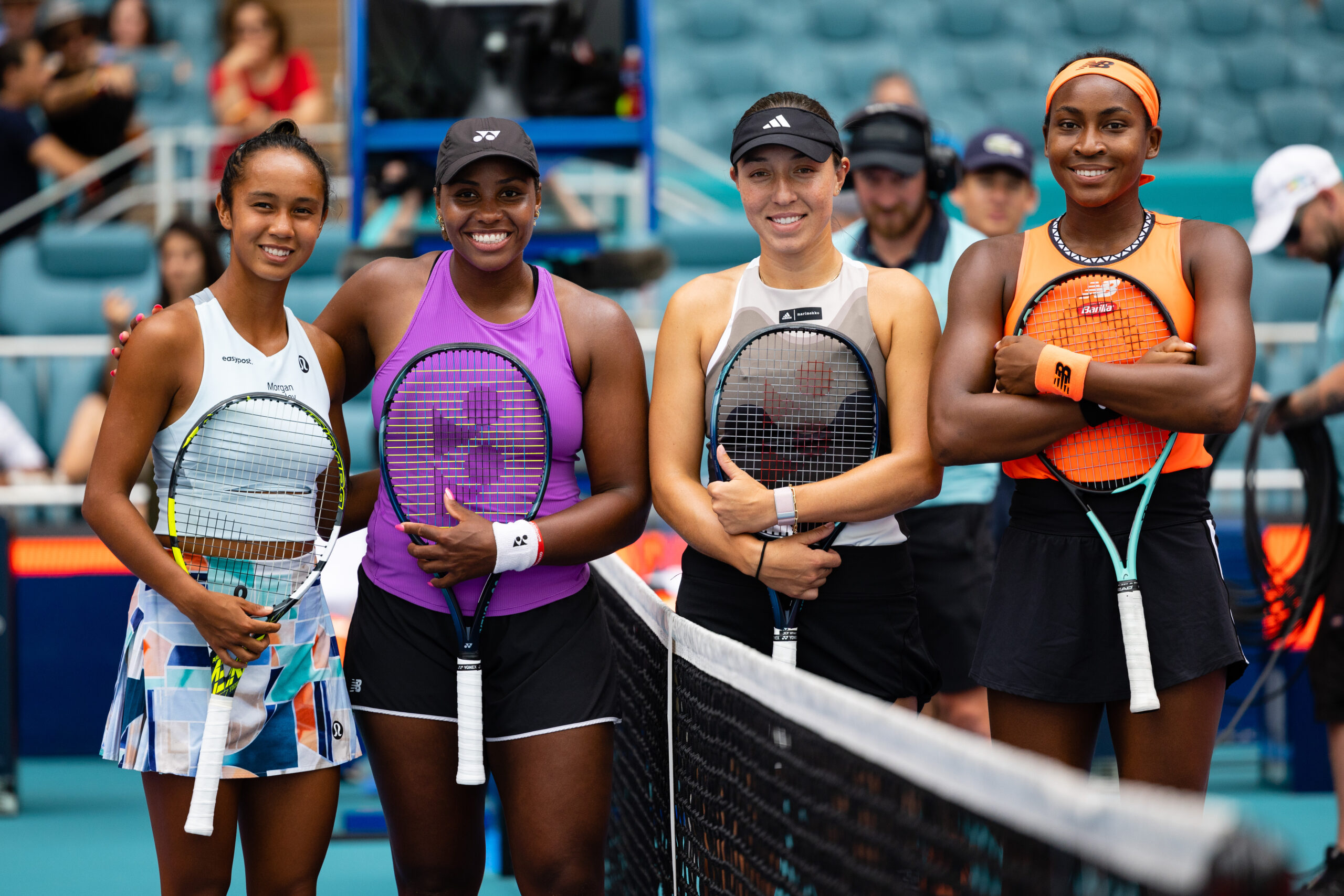 Pre-match photo, l-r: Leylah Fernandez, Taylor Townsend, Jessica Pegula and Coco Gauff before the 2023 Women's Doubles Final match on April 2, 2023 at the Miami Open.