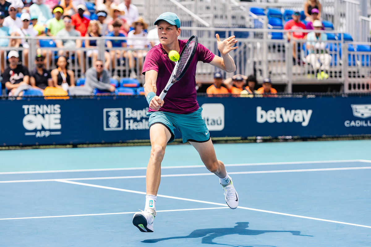 Janni Sinner volleys during the 2023 Miami Open in Miami Gardens, Fla.