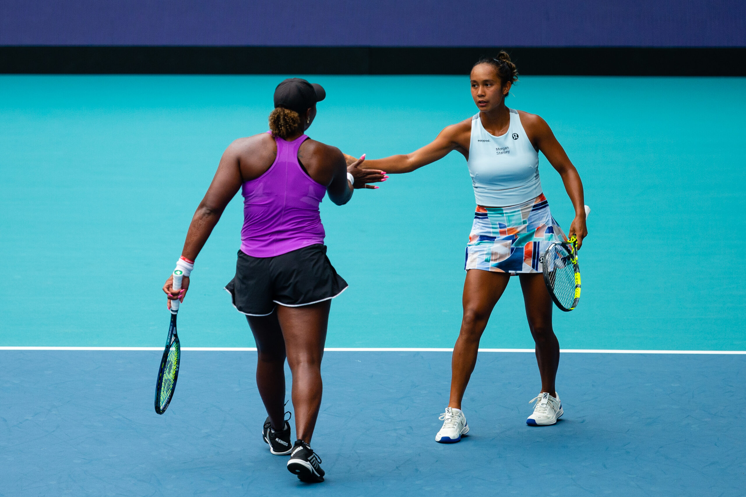 Taylor Townsend and Leylah Fernandez encourage each other during the 2023 Miami Open Women's Doubles Final on April 2, 2023.