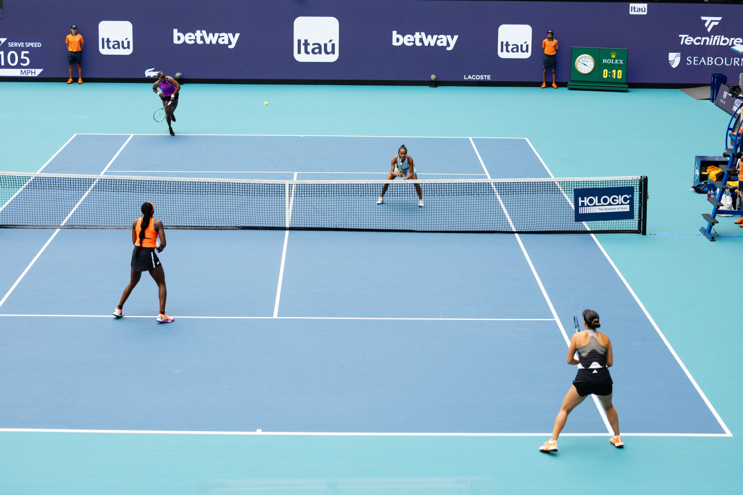 On-court shot of play during the 2023 Women's Doubles Final at the Miami Open at Hard Rock Stadium.