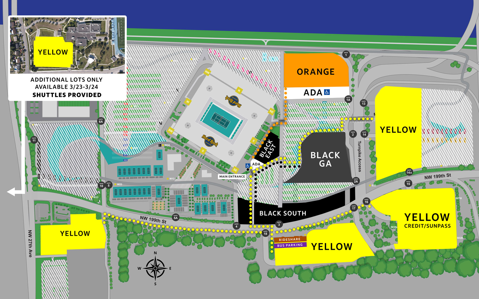 Campus map with instructions of where to park for Miami Open