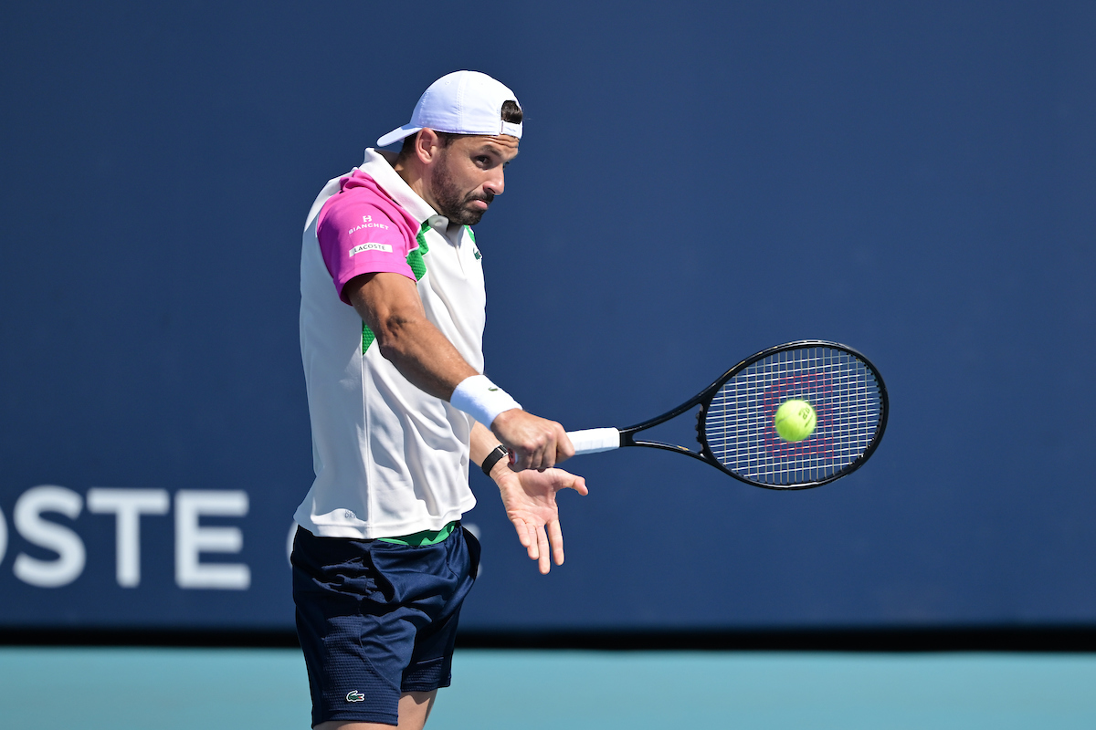 Grigor Dimitrov hits a backhand on March 21st at the 2025 Miami Open at Hard Rock Stadium in Miami Gardens, FL.