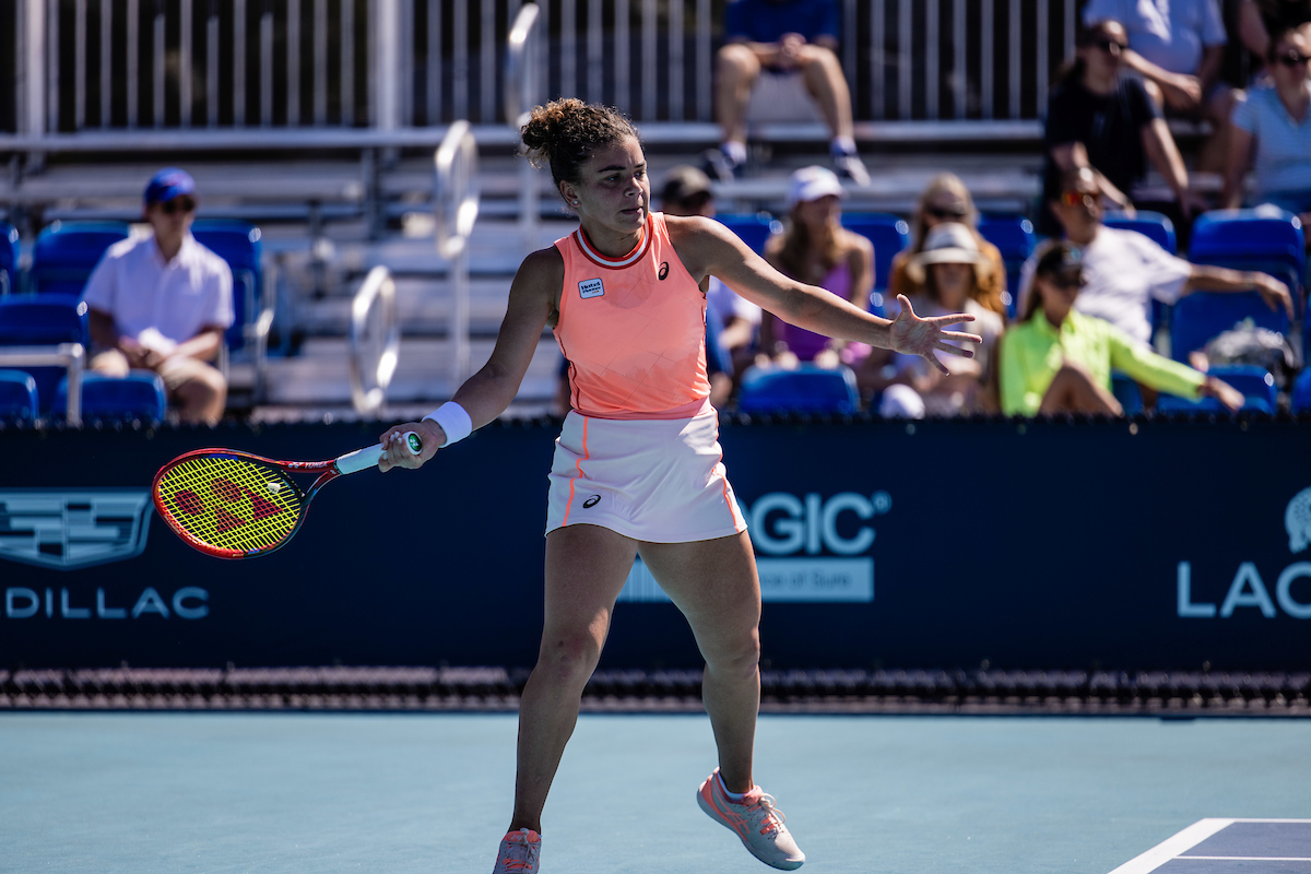 Jasmine Paolini of Italy returns during the Miami Open tennis tournament