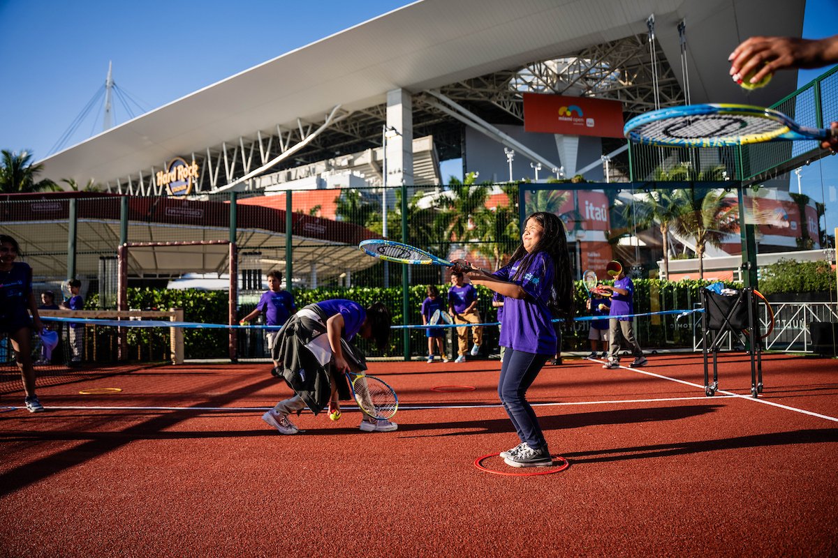 Miami Open Unites First Serve / Amigos for Kids Clinic held at the Ultra Park by Padel Lux during the Miami Open tennis tournament, Monday, Mar. 17, 2025, in Miami Gardens, Fla.