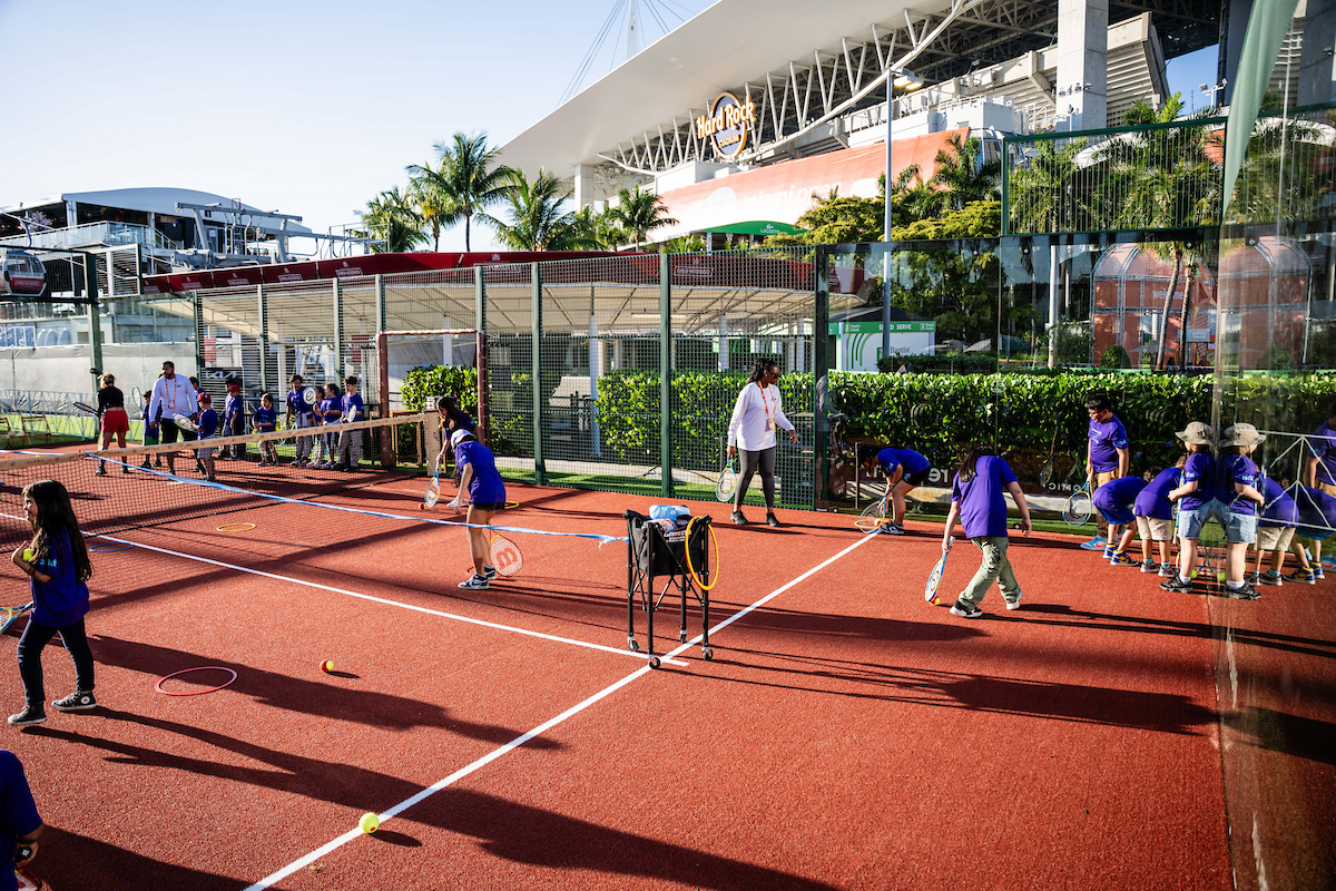 Miami Open Unites First Serve / Amigos for Kids Clinic held at the Ultra Park by Padel Lux during the Miami Open tennis tournament, Monday, Mar. 17, 2025, in Miami Gardens, Fla.