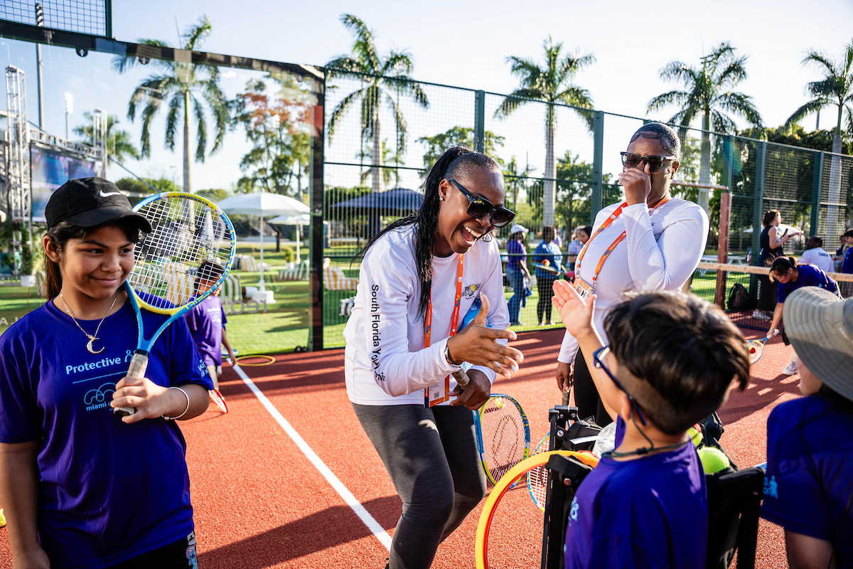 Miami Open Unites First Serve / Amigos for Kids Clinic held at the Ultra Park by Padel Lux during the Miami Open tennis tournament, Monday, Mar. 17, 2025, in Miami Gardens, Fla.