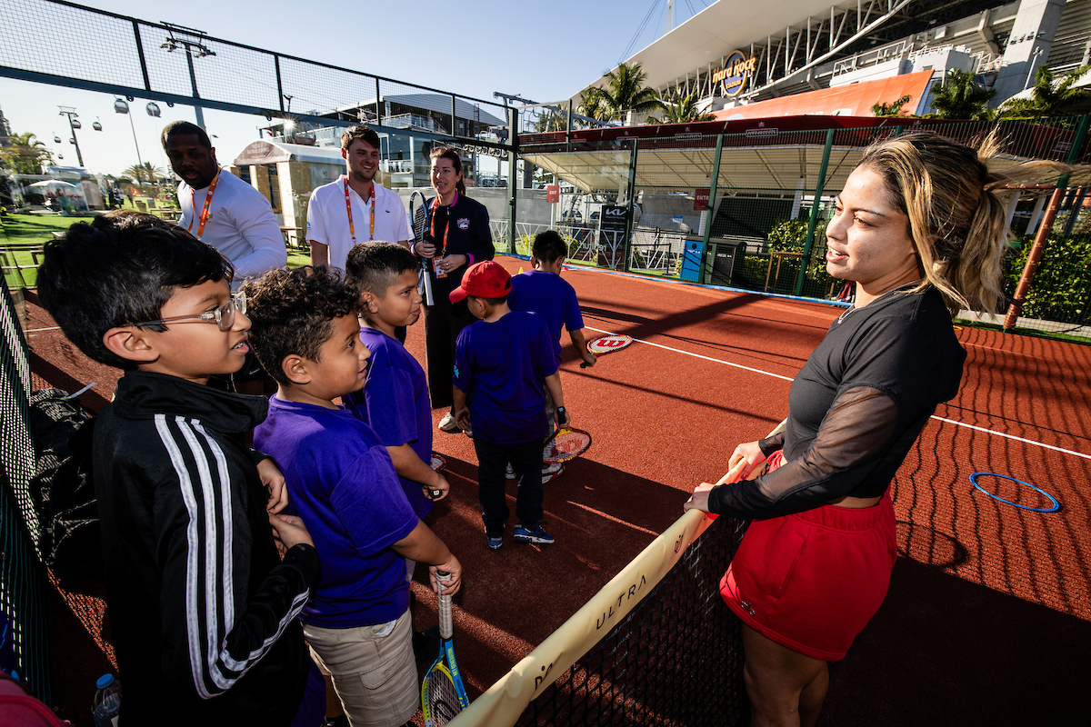 Miami Open Unites First Serve / Amigos for Kids Clinic held at the Ultra Park by Padel Lux during the Miami Open tennis tournament, Monday, Mar. 17, 2025, in Miami Gardens, Fla.