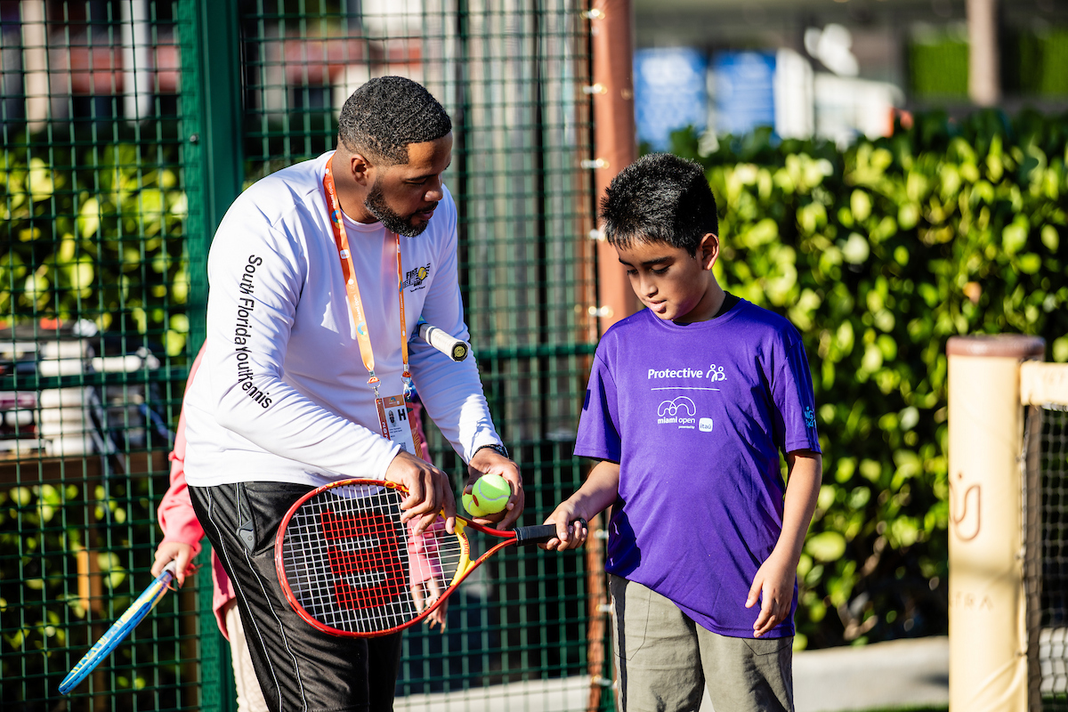 Miami Open Unites First Serve / Amigos for Kids Clinic held at the Ultra Park by Padel Lux during the Miami Open tennis tournament, Monday, Mar. 17, 2025, in Miami Gardens, Fla.