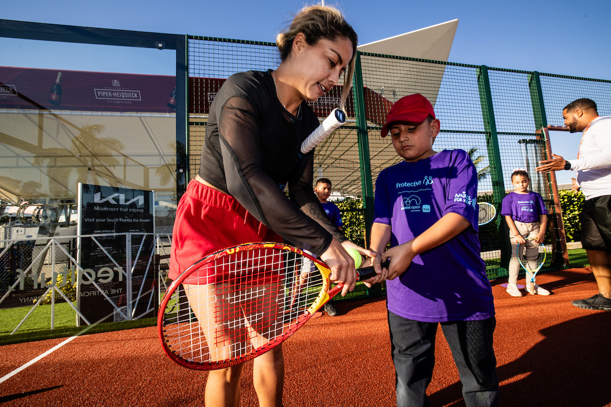 Miami Open Unites First Serve / Amigos for Kids Clinic held at the Ultra Park by Padel Lux during the Miami Open tennis tournament, Monday, Mar. 17, 2025, in Miami Gardens, Fla.