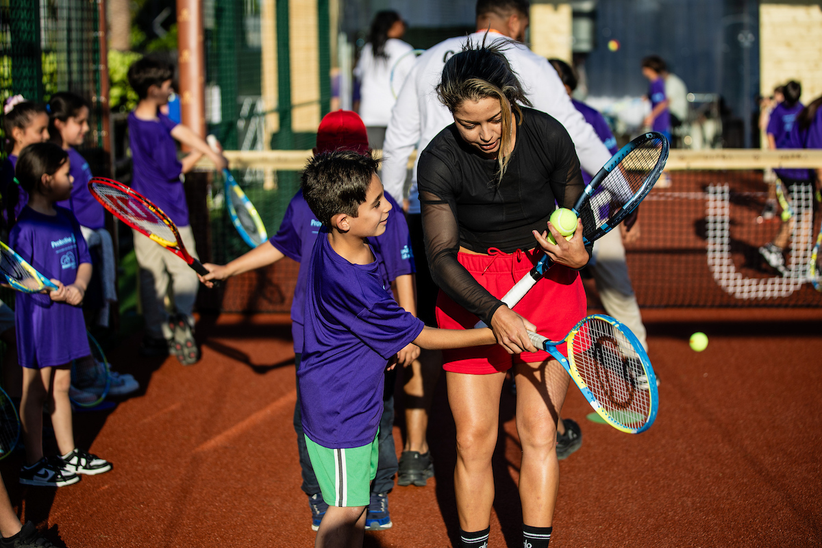 Miami Open Unites First Serve / Amigos for Kids Clinic held at the Ultra Park by Padel Lux during the Miami Open tennis tournament, Monday, Mar. 17, 2025, in Miami Gardens, Fla.