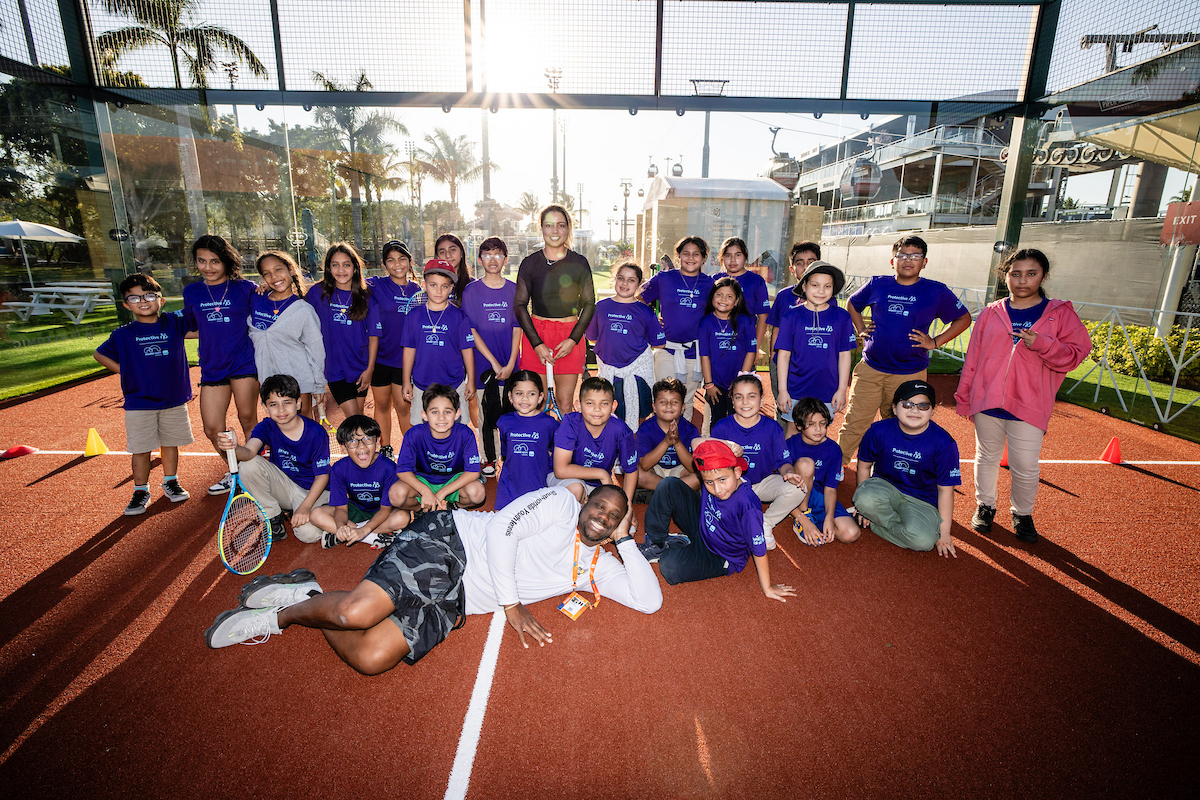 Miami Open Unites First Serve / Amigos for Kids Clinic held at the Ultra Park by Padel Lux during the Miami Open tennis tournament, Monday, Mar. 17, 2025, in Miami Gardens, Fla.