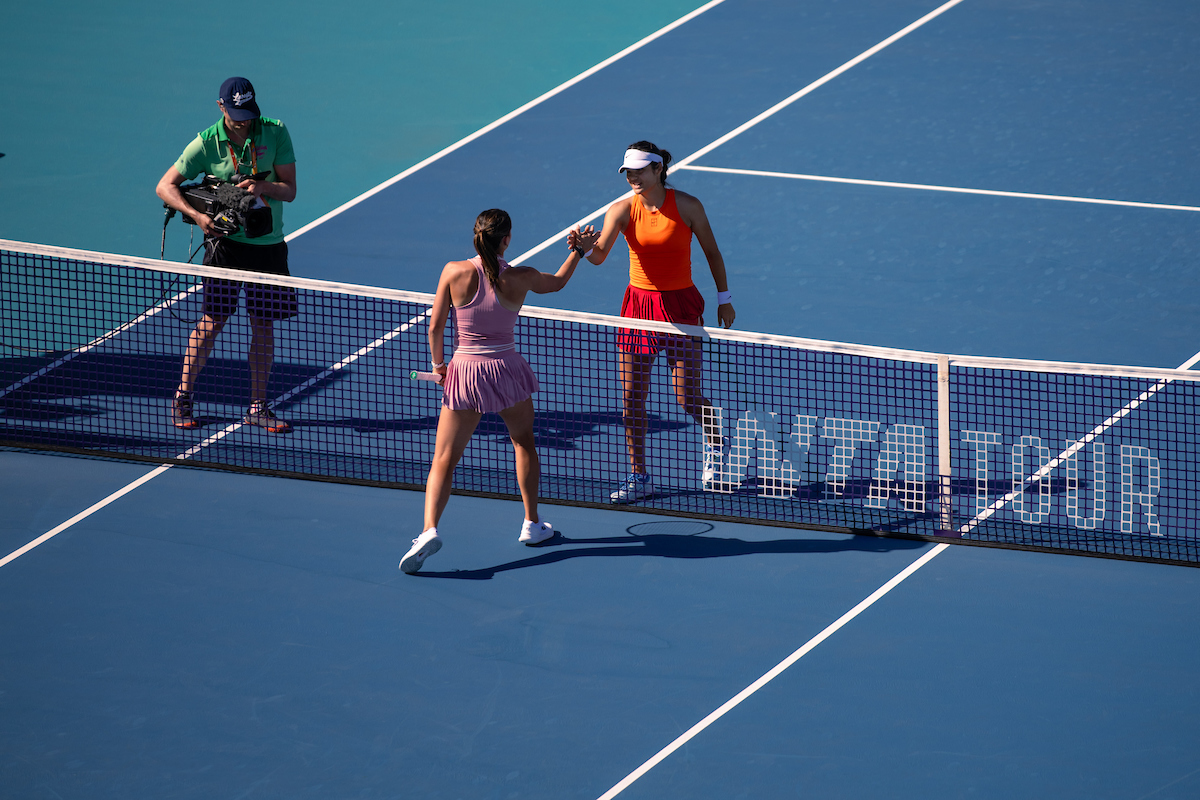 Emma Navarro of The United States and Emma Raducanu of the United Kingdom greet in Grandstand court during the Miami Open tennis tournament, Friday, Mar. 21, 2025, in Miami Gardens, Fla.