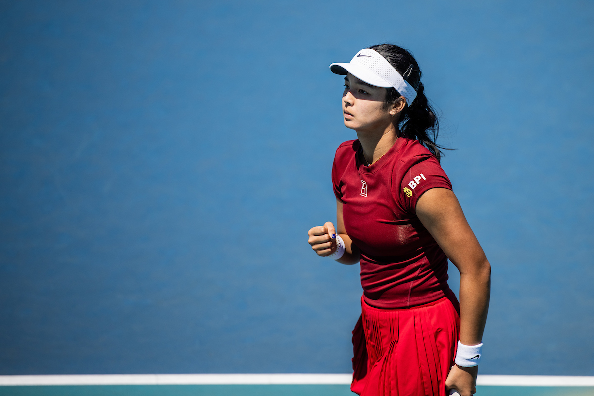 Alexandra Eala of the Ph.ilippines celebrates during the Miami Open tennis tournament