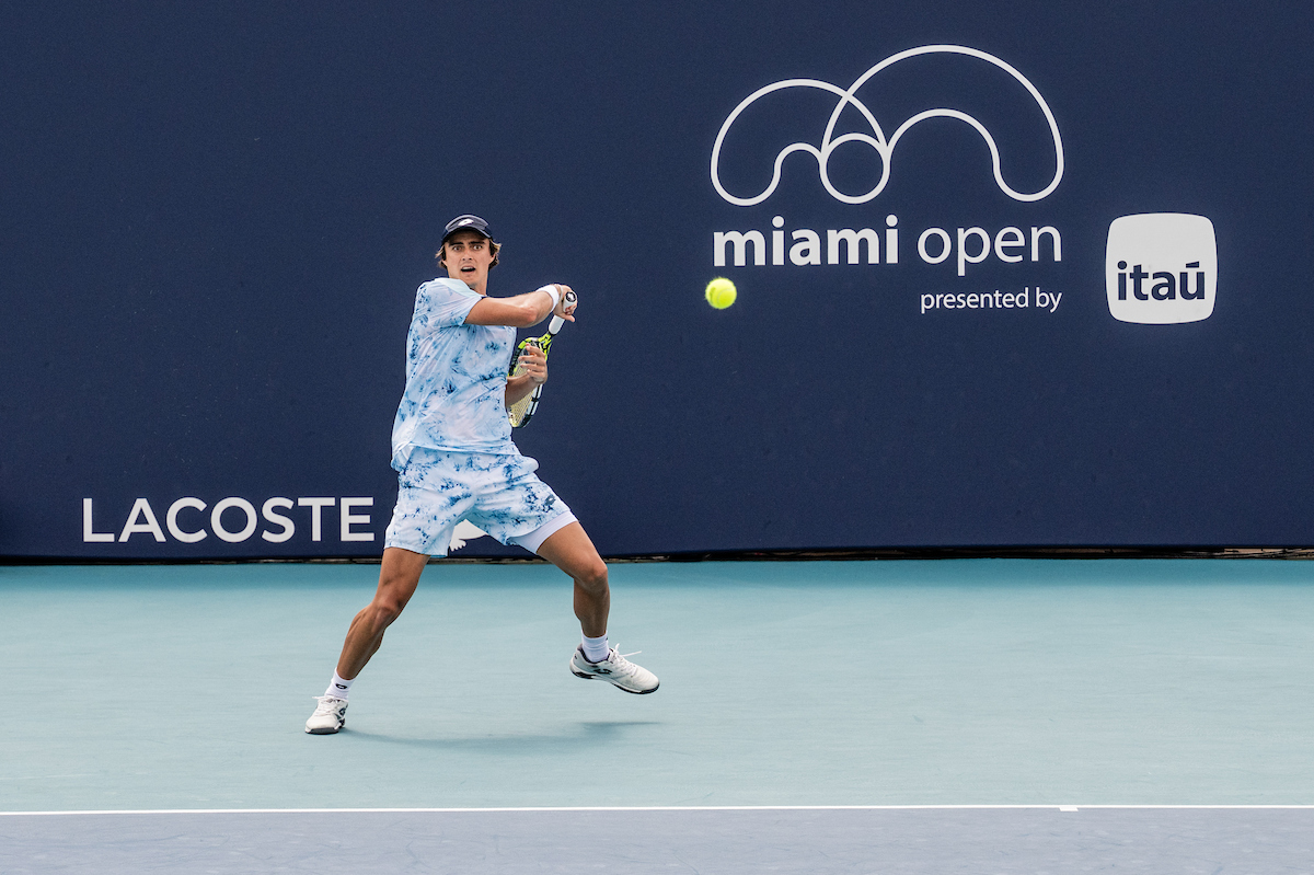 Adam Walton of Australia plays on Court 1 during the Miami Open tennis tournament, Monday, Mar. 24, 2025, in Miami Gardens, Fla.