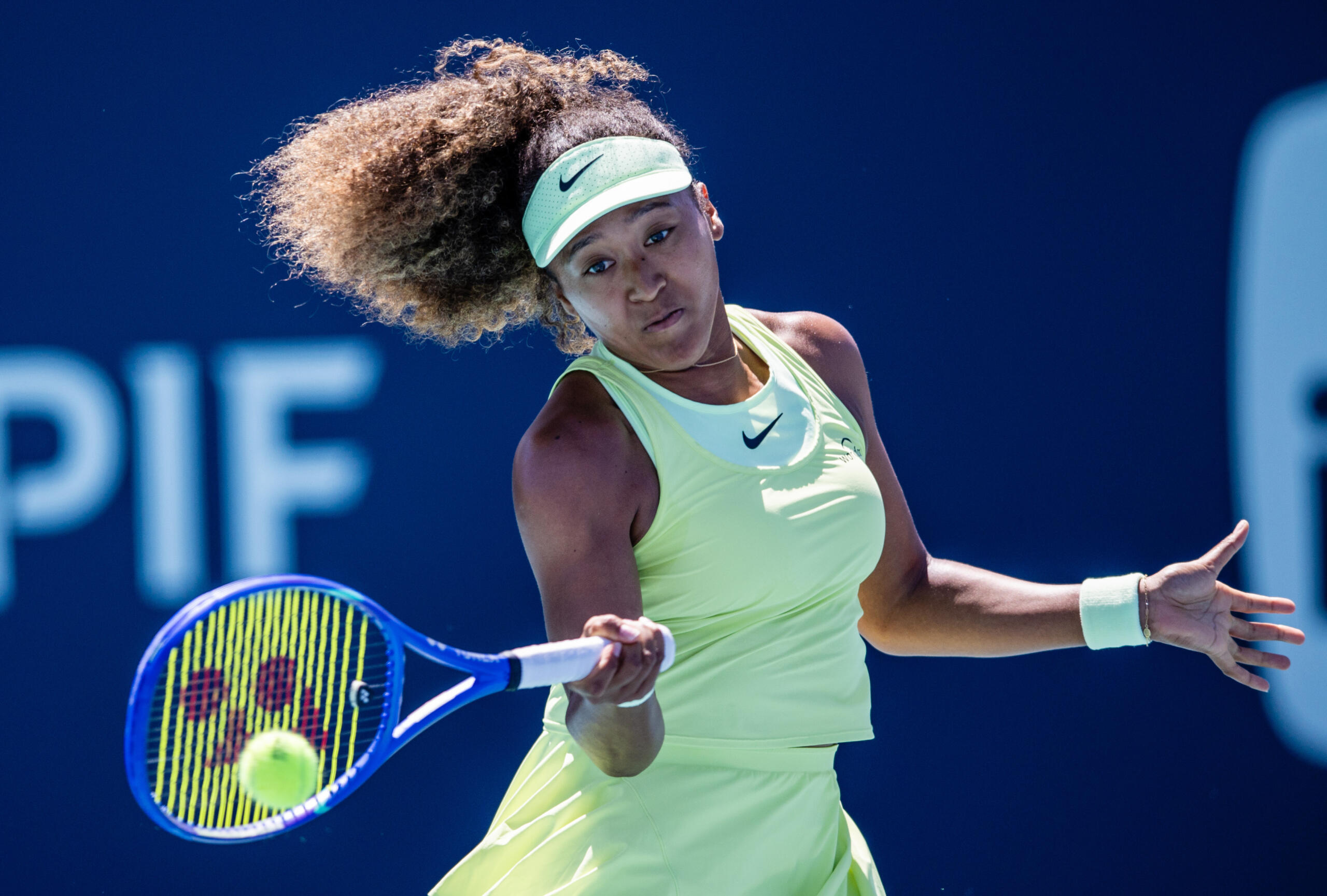 Naomi Osaka during her first round match at the 2025 Miami Open at Hard Rock Stadium in Miami Gardens, FL.