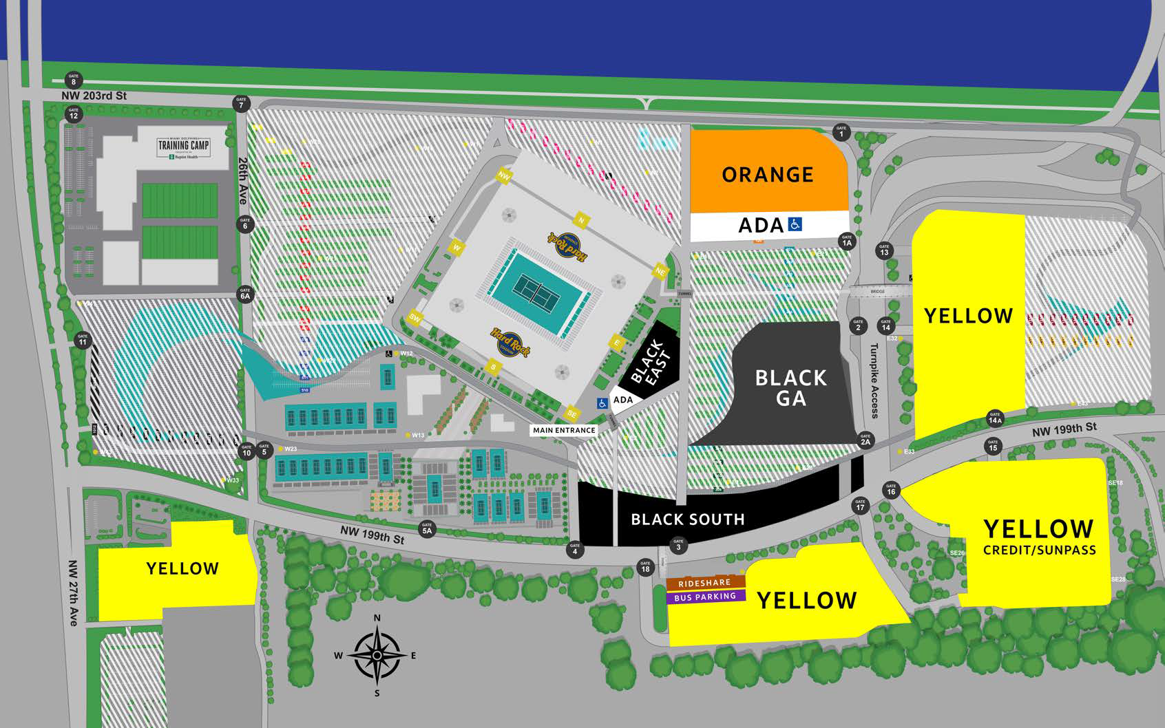 Campus map with instructions of where to park for Miami Open